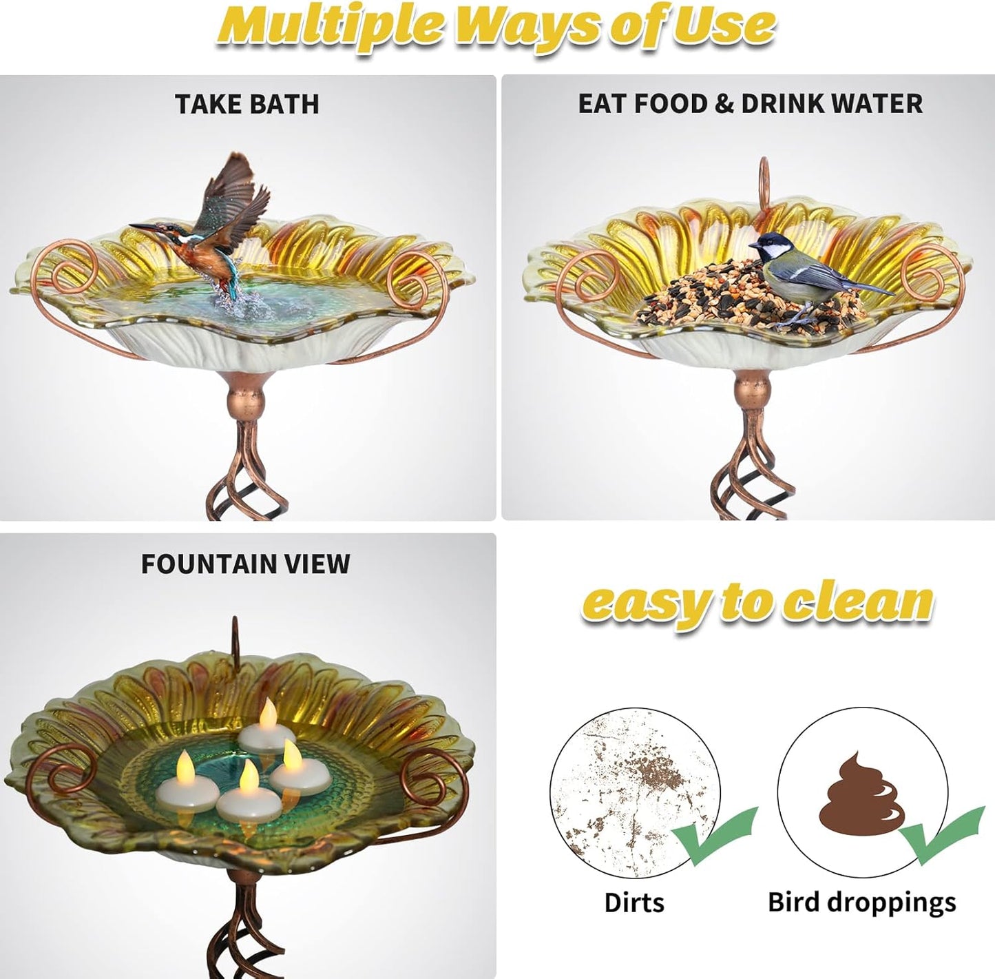 MUMTOP Bird Baths for Outdoors,Outdoor Bird Bath, Glass Birdbath Sunflower Bird Feeders Bowl with Stake for Garden Yard Decor (Yellow)