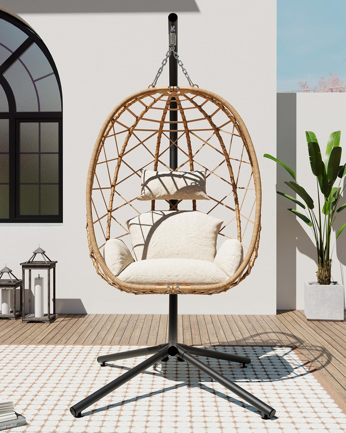 SWITTE Egg Swing Chair with Stand, Outdoor Patio Hanging Egg Chair, Indoor Hammock Chair with Cushion for Garden Backyard, 400LBS Capacity-Beige
