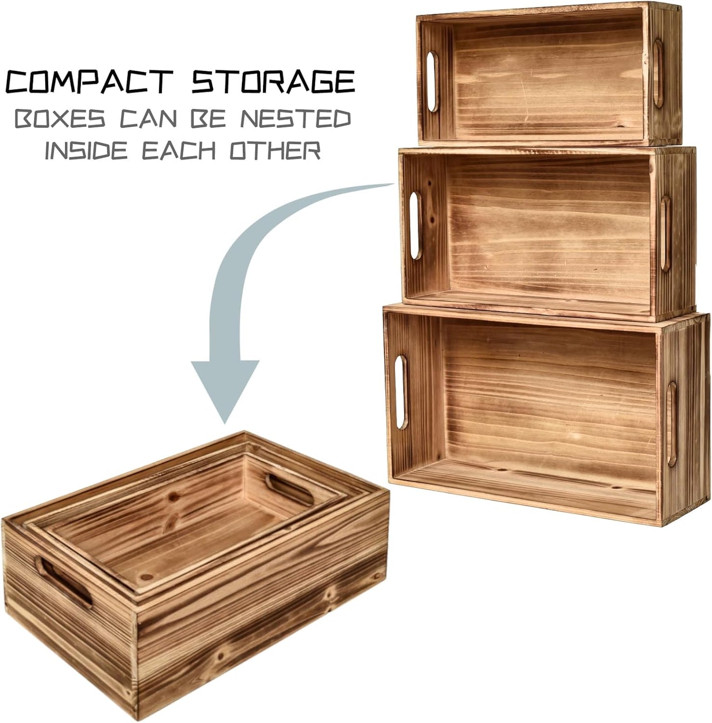 Set of 3 Wooden Boxes for Storage Small Torched Brown Wood Crates for Display and Organizing, Farmhouse Style Storage Boxes for Crafts Decor, Home Pantry and Living Room