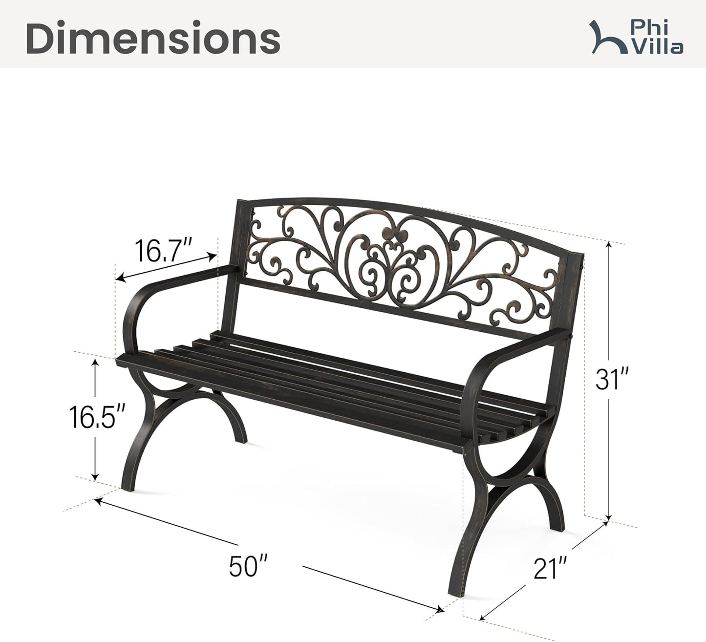 PHI VILLA 50Inch Cast Iron Steel Frame Garden Bench Patio Furniture Chair Outdoor Bench w/Floral Design Backrest, Slatted Seat for Park, Yard & Porch, Bronze