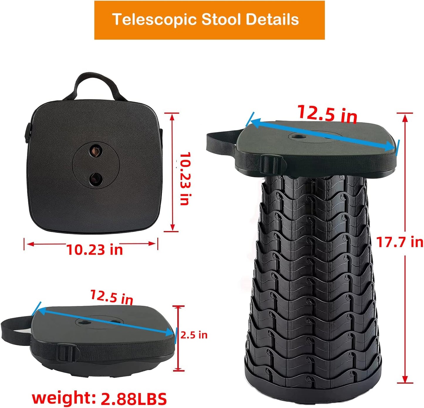 Collapsible Camping Stool with Seat Cushion & Nylon Bag, Square Portable Telescopic Stool, Lightweight Sturdy Foldable Stool for Camp Fishing Picnic, Max Load 550 lb