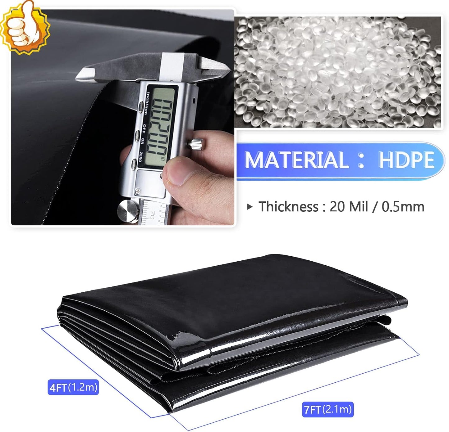 ToLanbbt Pond Liner 4 x 7 Ft HDPE Pond Liners, 20 Mil UV Resistant Preformed Pond Liner Easy Cutting, Pond Liner for Natural Looking Ponds, Waterfall, Koi Pondsand Water Garden (Black)