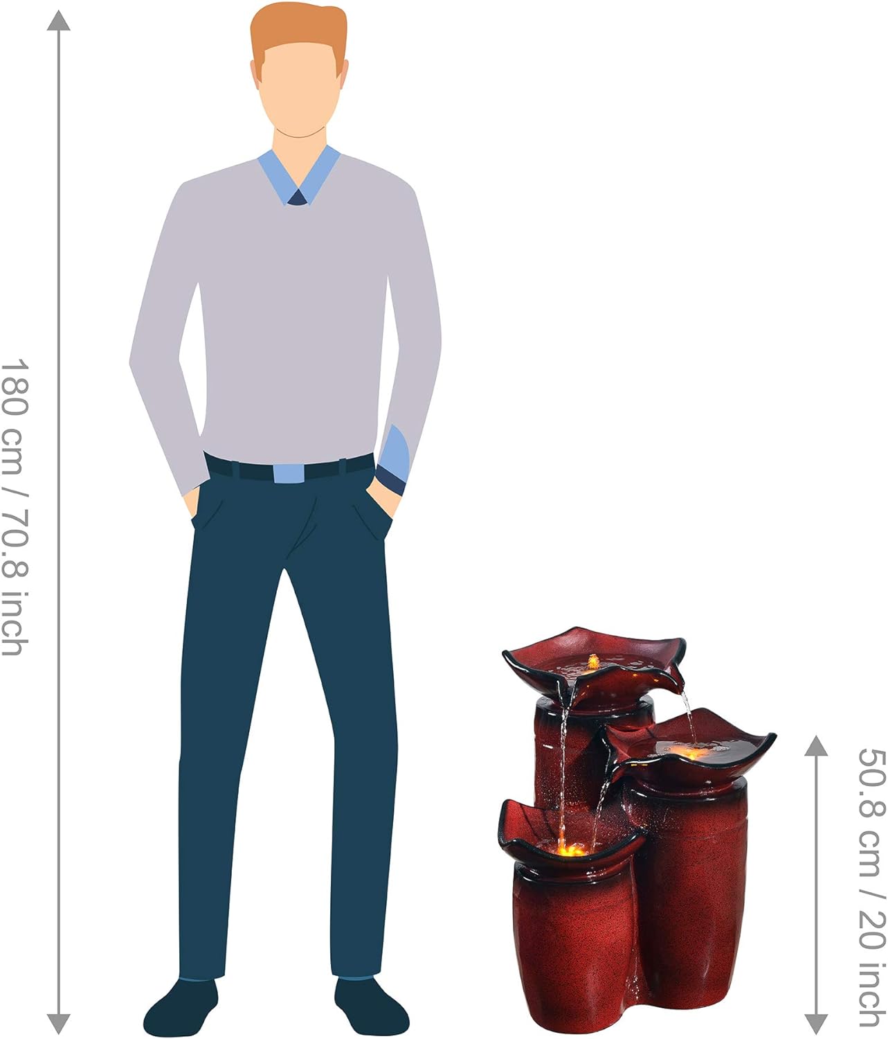 Teamson Home 3 Tiered Floor Water Glazed Pots Fountain with LED Lights and Pump for Outdoor Patio Garden Backyard Decking Décor, 20 inch Height, Gradient Red