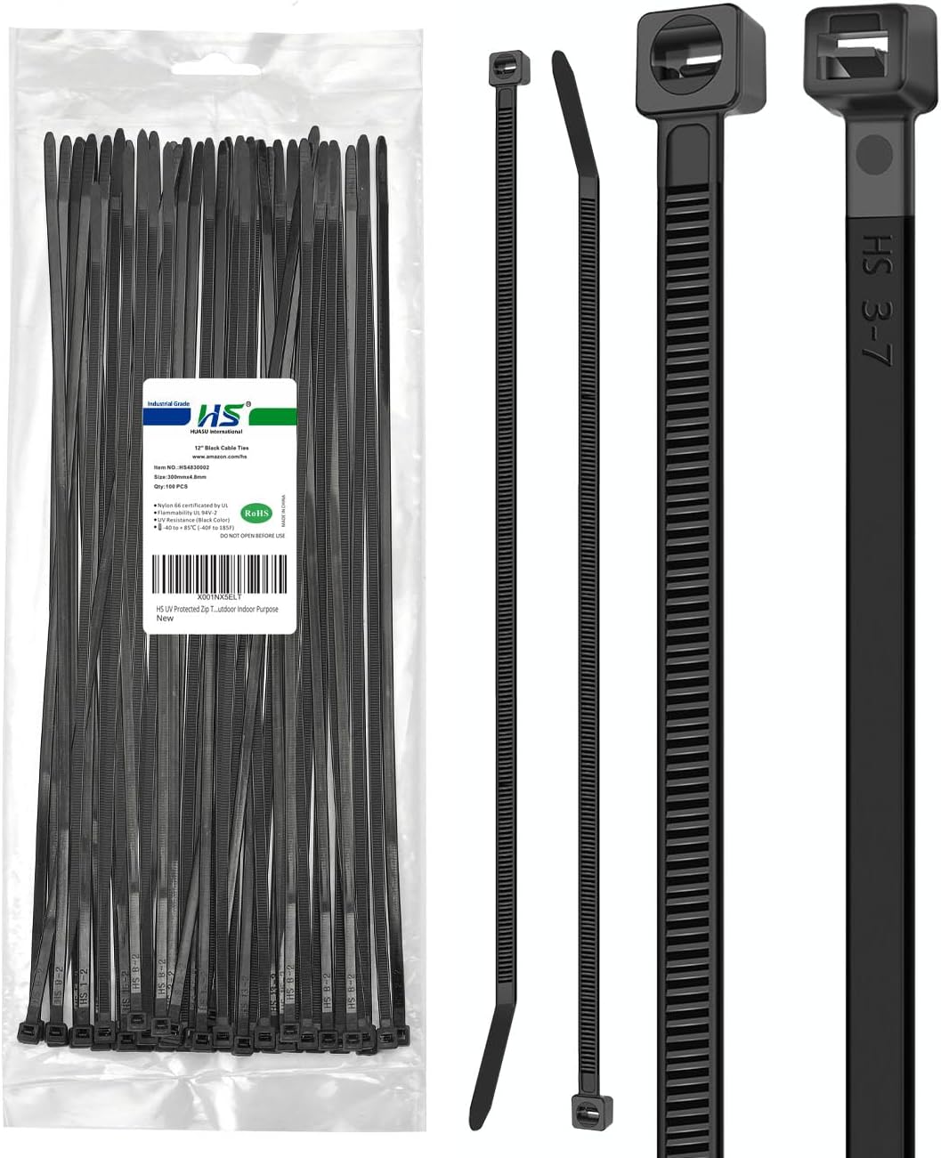 HS UV Protected Zip Ties 12 Inch (100 Pack) Self Locking Strong Plastic Wire Ties 12 Inch Black Nylon Cable Ties 50 LBS,Outdoor Indoor Purpose