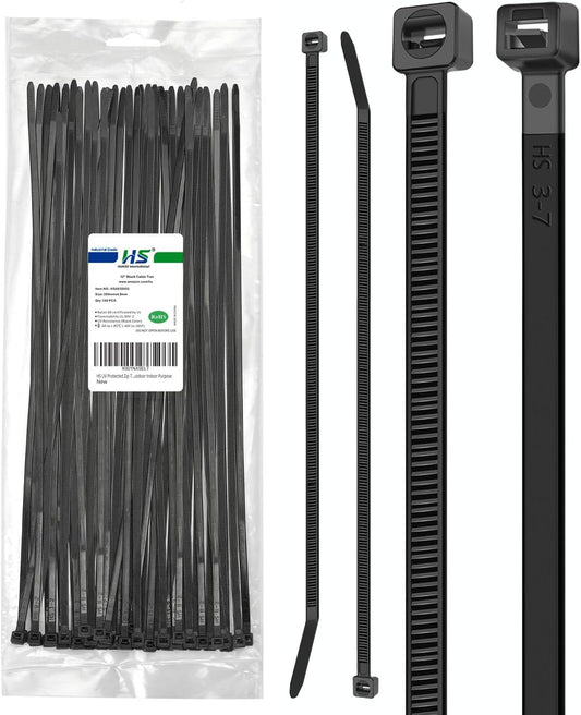 HS UV Protected Zip Ties 12 Inch (100 Pack) Self Locking Strong Plastic Wire Ties 12 Inch Black Nylon Cable Ties 50 LBS,Outdoor Indoor Purpose