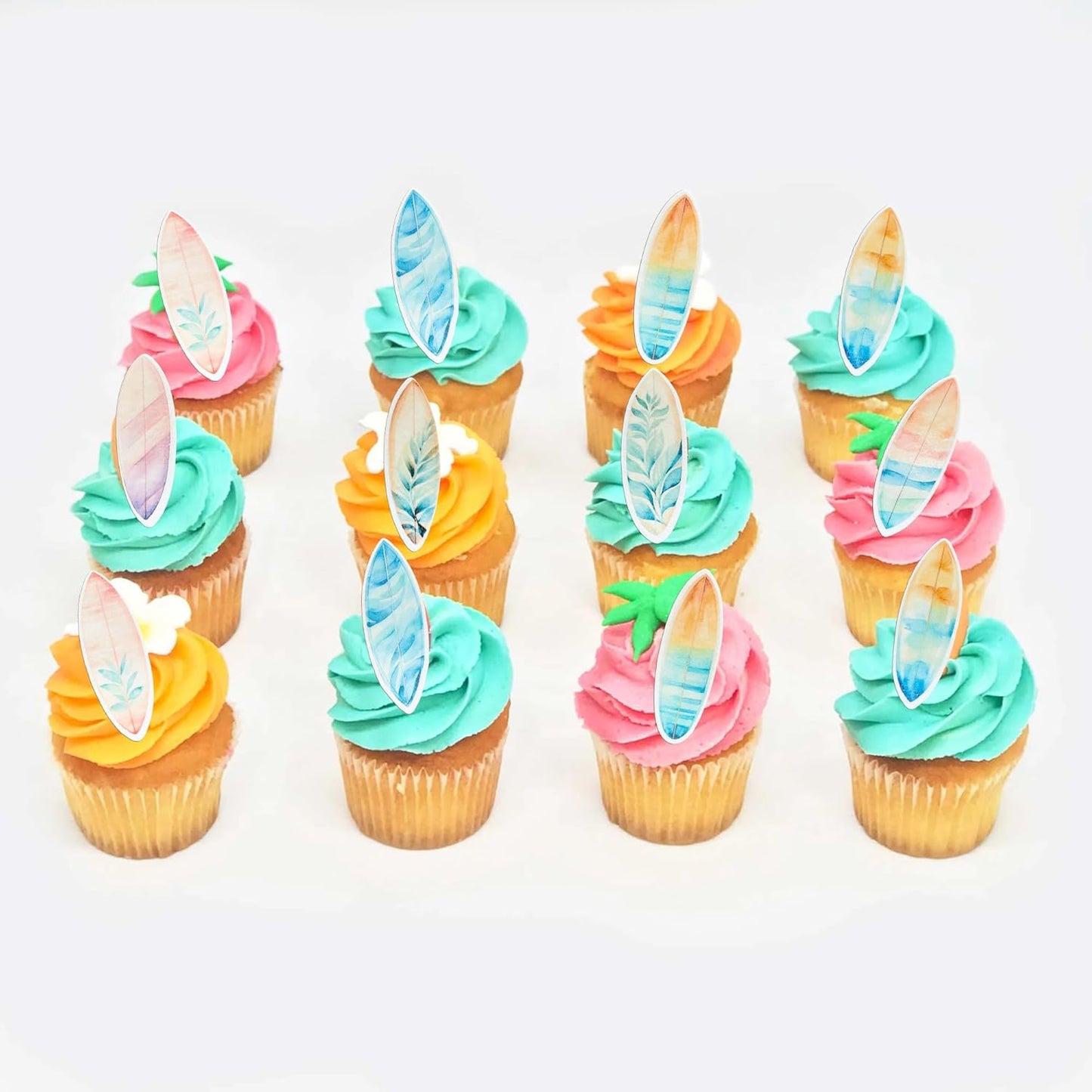 Ephlyn 54Pcs Edible Surfboard Cupcake Toppers Wafer Paper Surfboard Mini Accents for Swimming Pool Summer Beach Party Luau Birthday Baby Shower Party Supplies Blue Pink Yellow