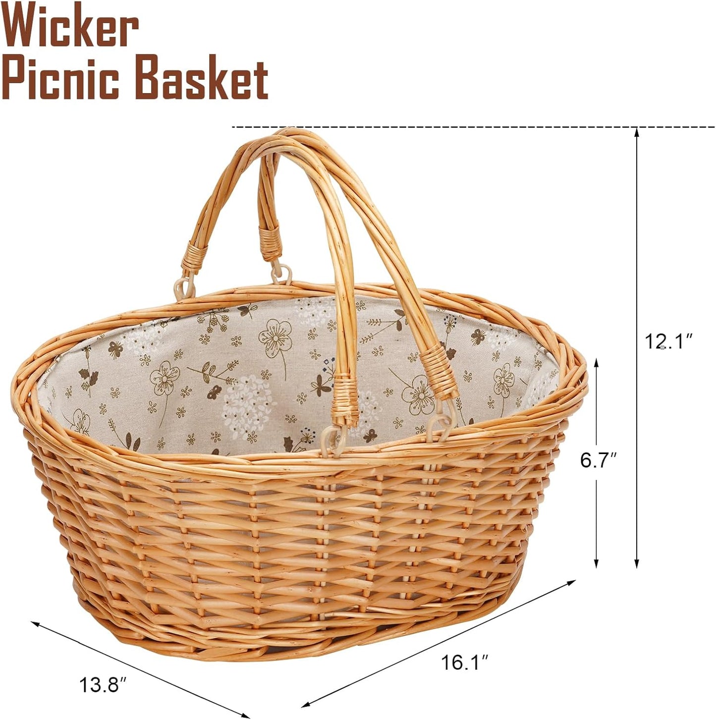 Wicker Picnic Basket with Double Folding Handles, Natural Large Willow Hamper Empty Basket Cheap Easter Eggs Candy Storage Wine Basket for Toy, Flower, Wedding（White 16inch）