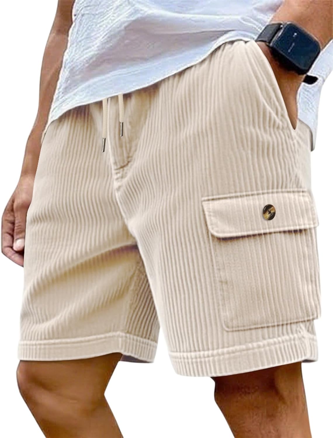Mens Cargo Shorts Casual Drawstring Elastic Waist Corduroy Summer Beach Shorts with Pockets