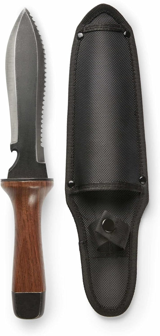 Hori Hori Garden Knife, Traditional Japanese Weeding Tool with ergonomic wooden handle. Large 7'inch blade with case. (Standard blade)