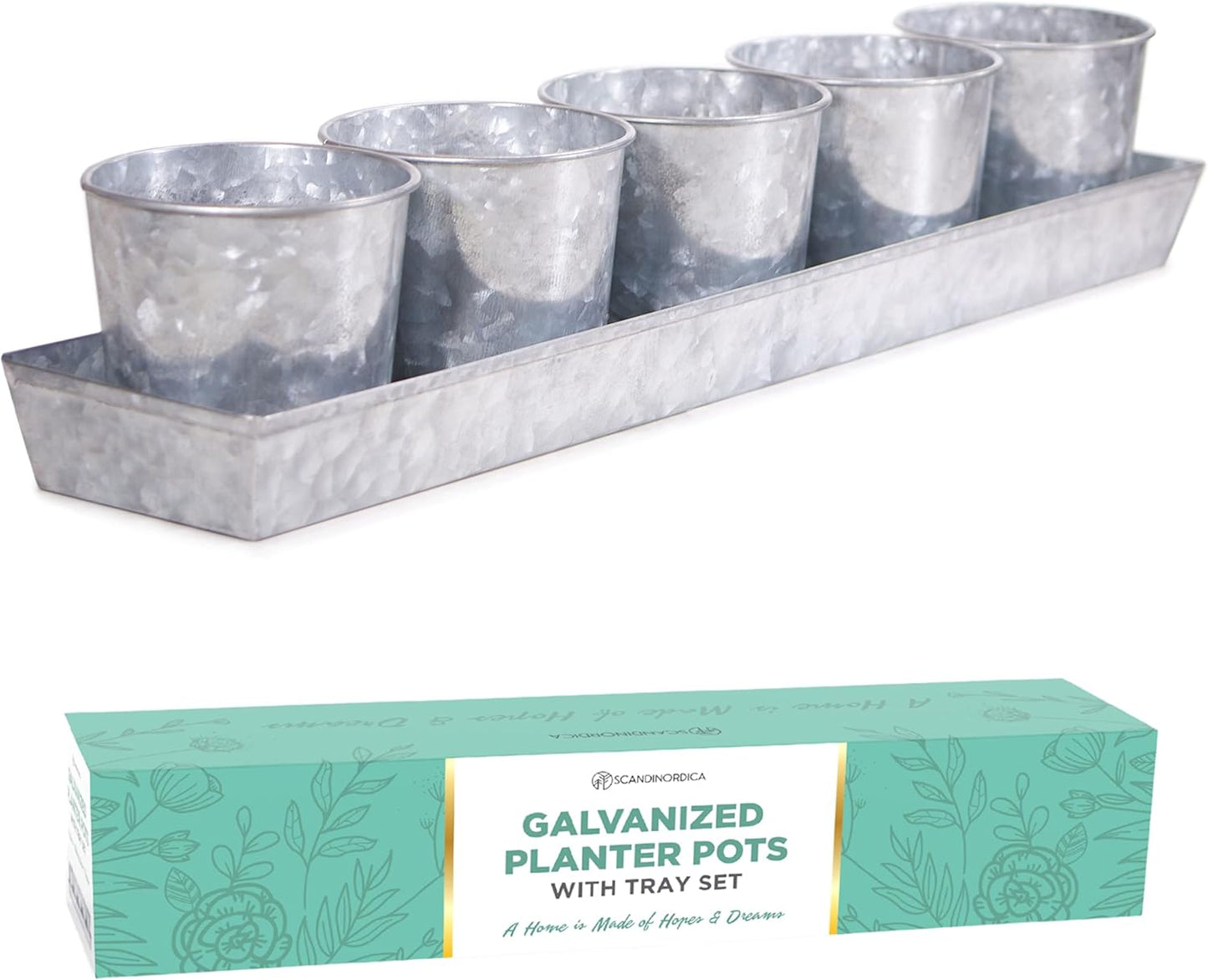 SCANDINORDICA Galvanized Metal Herb Planter, 5 Pots with Drainage Holes, Indoor Outdoor Use, Farmhouse Decor, 19.5x3.9x3.5 inches