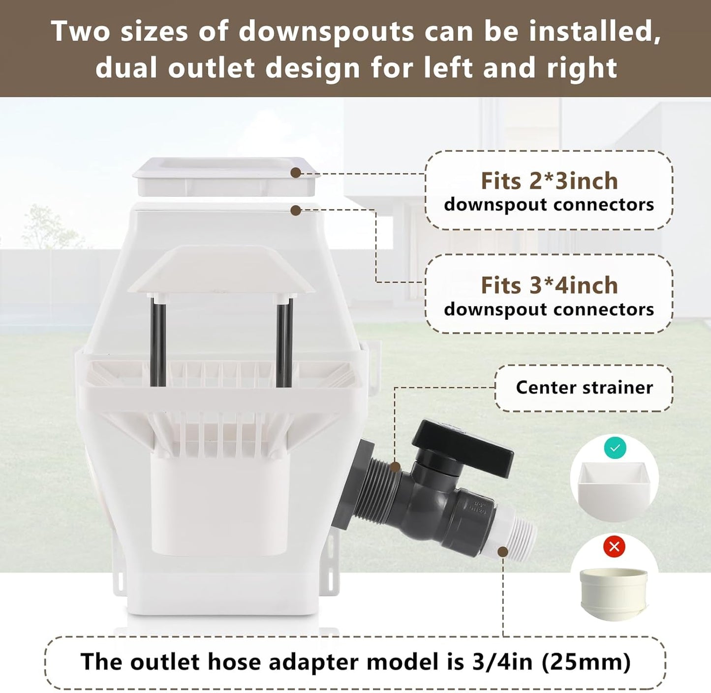 Rain Barrel Diverter Kit - Rainwater Collection System Fits 2x3 or 3x4 Inch Downspout with Filter and PVC Spigot