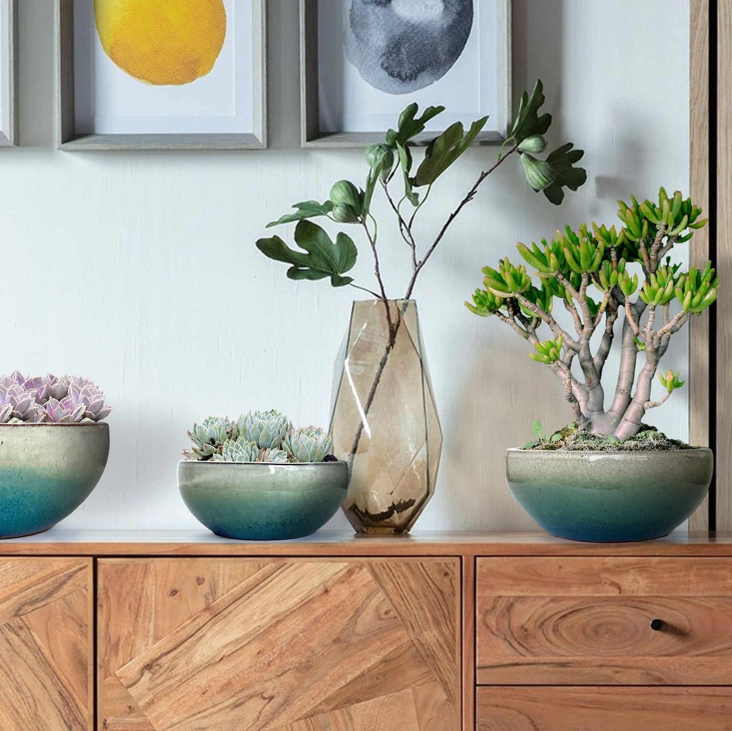 11 9 7 Inch Succulent Pot with Drainage and Mesh Pads Large Round Ceramic Plant Pot for Indoor Outdoor Plants Succulent Planter Cactus Bonsai Pot Container Set of 3 (White Green)