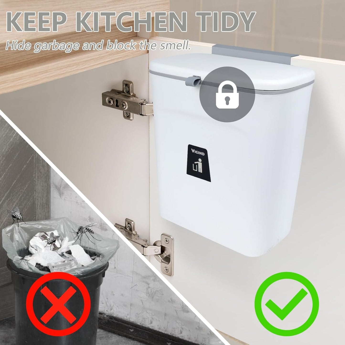 9L/2.4 Gallon Hanging Trash Can for Kitchen Cabinet Door with Lid, Small Under Sink Garbage Can,Trash Bin for Bathroom,Wall Mounted Counter Waste Kitchen Compost Bin,Plastic (White)