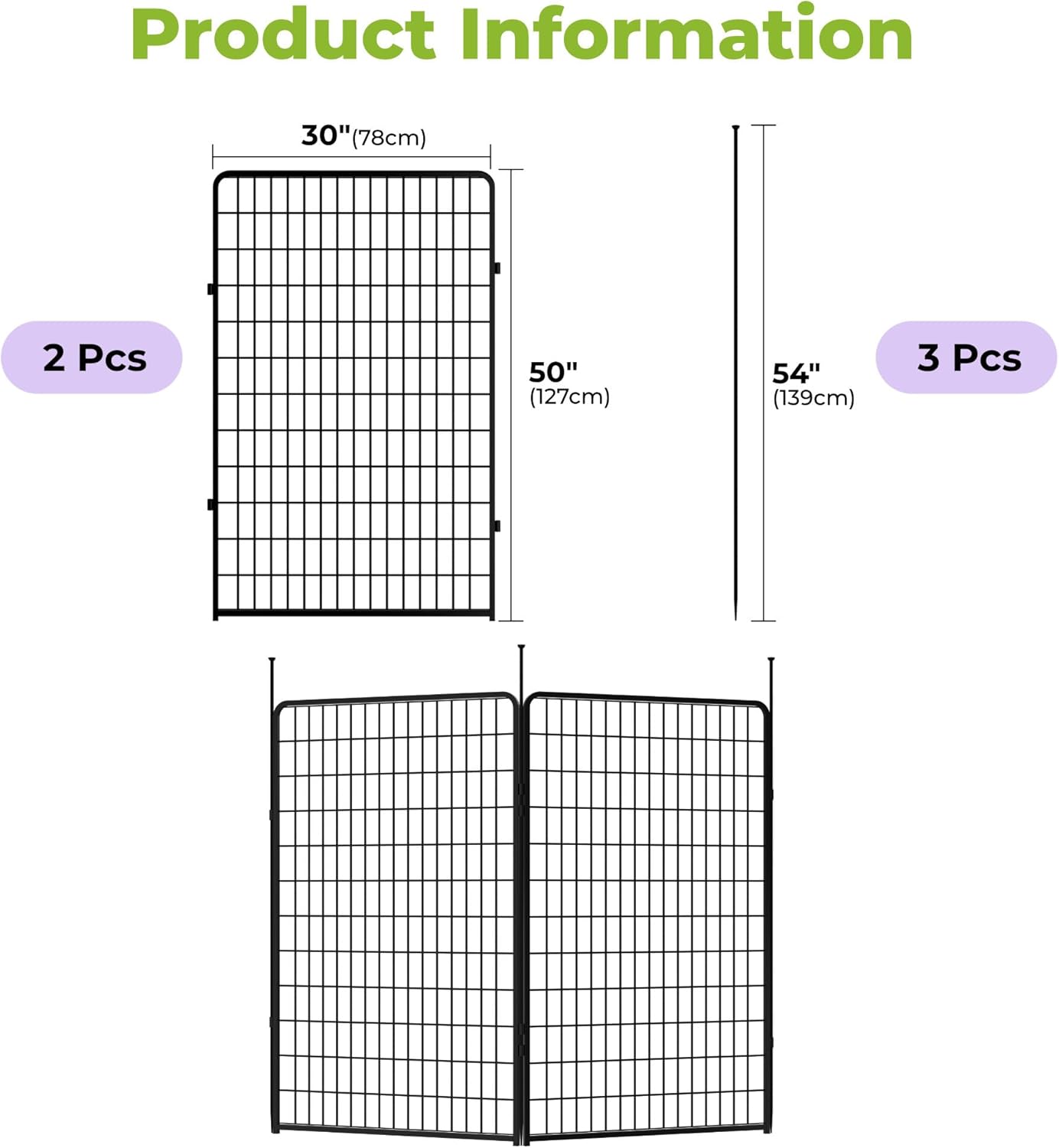 Doorless Garden Fence 50 in(H) x 5.1 ft(L) 2 Panels, Heavy Duty Metal Animal Barrier Fence, No Dig Fence for Dogs, Rabbit Fence for Garden, Black