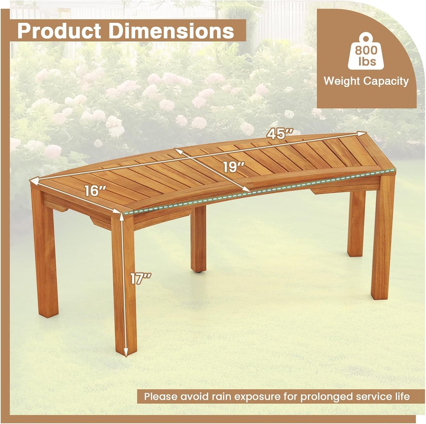 Tangkula Outdoor Curved Bench, Acacia Wood Fire Pit Bench w/Slatted Seat, Patio Backless 2-Person Seating for Porch, Yard, Garden, 800 LBS Max Load, Oil Painted (7, 45")