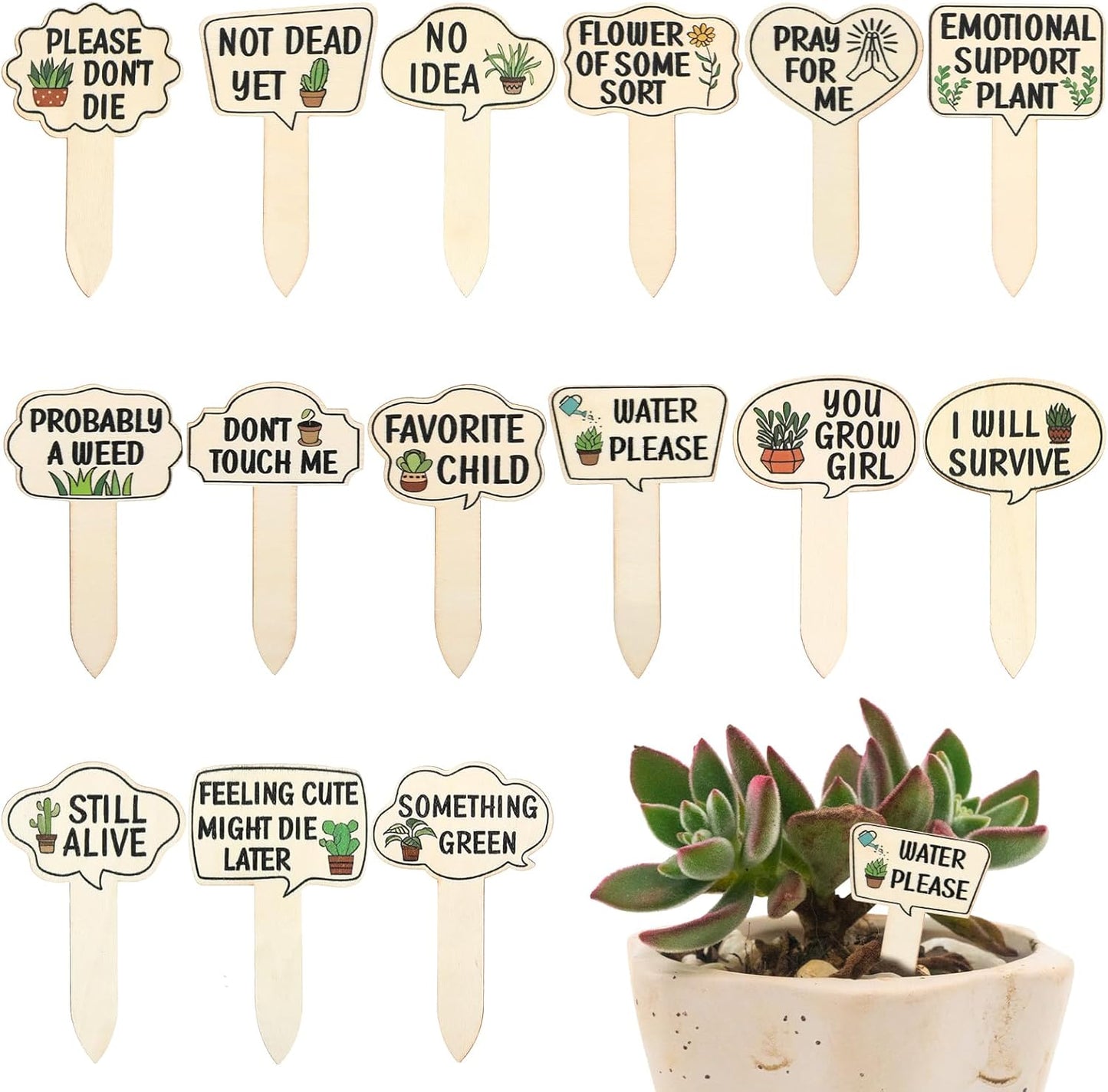 15 Pcs Funny Wooden Plant Markers, Interesting Garden Plant Labels Tab Cute Plants Signs Stakes for Indoor Outdoor Garden Potted Plants Patio Supplies