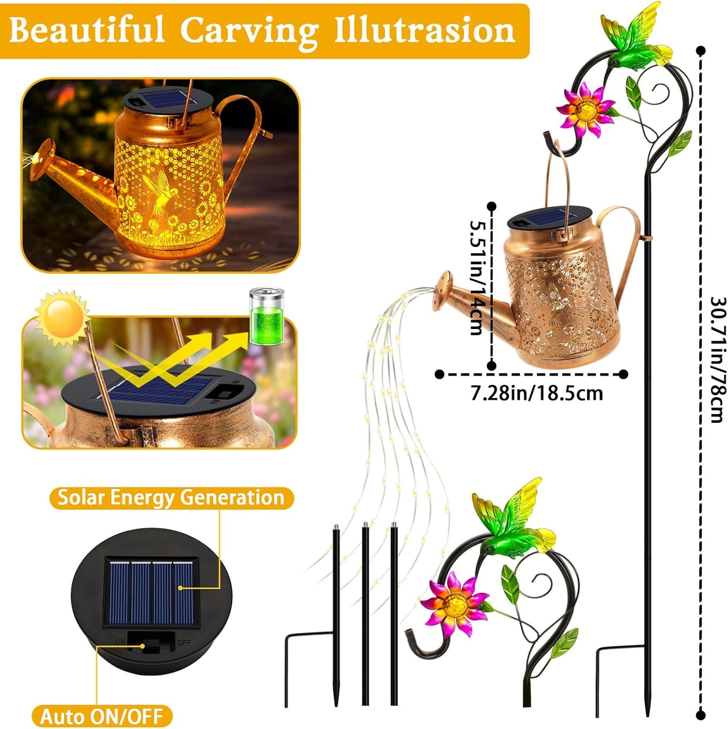 Hummingbird Solar Lights Outdoor Waterproof, Solar Watering Can Lights with Shepherd Hook, Metal Hanging Lantern Garden Decor Yard Outside Patio Lawn, Gifts for Mom Grandma Women Birthday