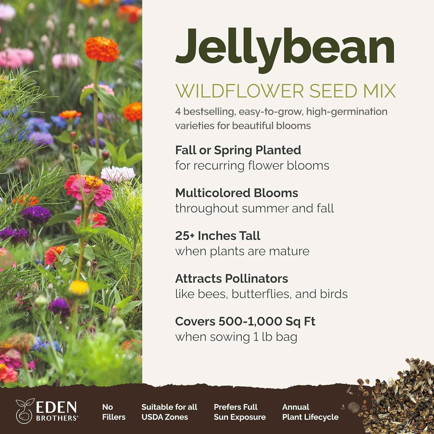 Eden Brothers Jellybean Flower Mixed Seeds for Planting, 1 lb, 480,000+ Seeds with Zinnia, Cornflower, Cosmos, Calendula | Attracts Pollinators, Plant in Spring or Fall, Zones 3, 4, 5, 6, 7, 8, 9, 10