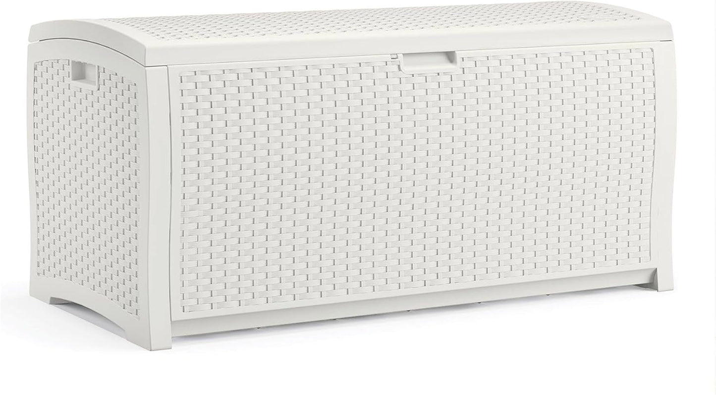 Suncast 99 Gallon Wicker Horizontal Outdoor Deck Box with Hinged Lid, Water-Resistant Storage Solution for Patio, Deck, Yard, and Garage, White, Made in the USA