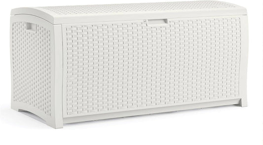 Suncast 99 Gallon Wicker Horizontal Outdoor Deck Box with Hinged Lid, Water-Resistant Storage Solution for Patio, Deck, Yard, and Garage, White, Made in the USA