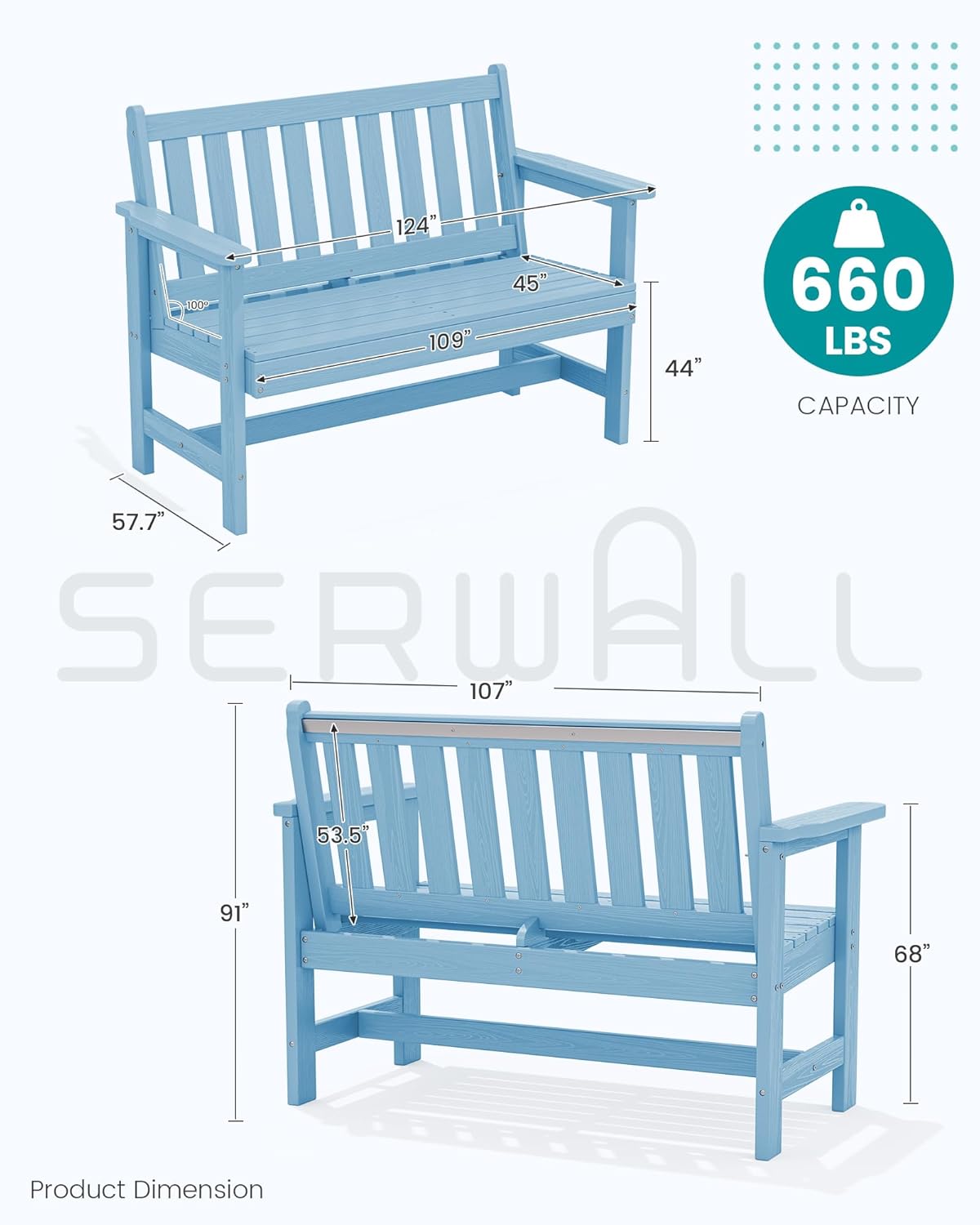SERWALL Outdoor Bench, HDPE Outdoor Benches Weatherproof, 2-Person Garden Bench with 660 lbs Weight Capacity, Patio Benches for Outdoors, Garden, Porch, Backyard and Park, Light Blue