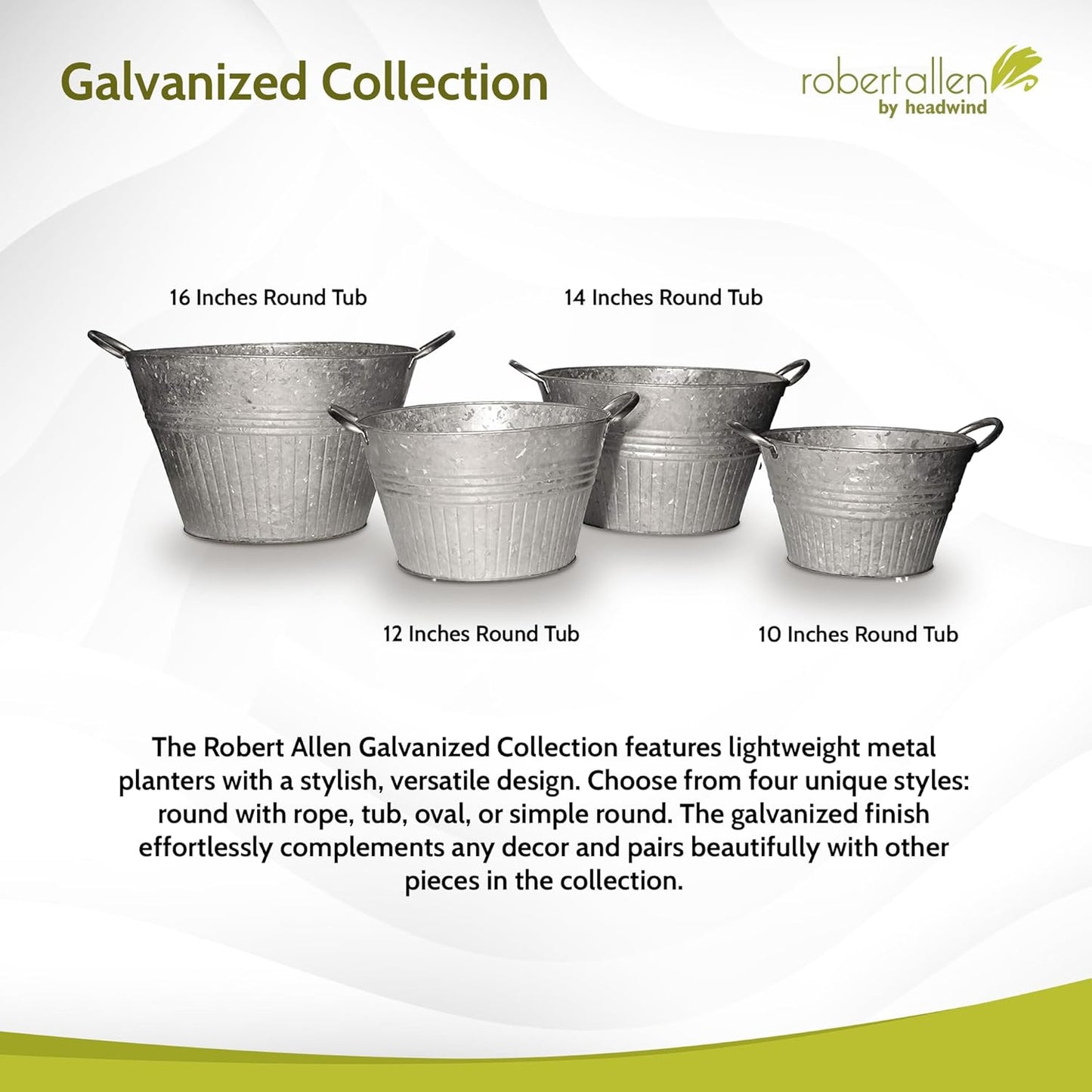 Headwind Round Galvanized Tub Planter with Handles – 12 Inch Lightweight Metal Planter with Drainage Hole – Galvanized Steel Tub for Plants - Metal Flower Pot by Robert Allen