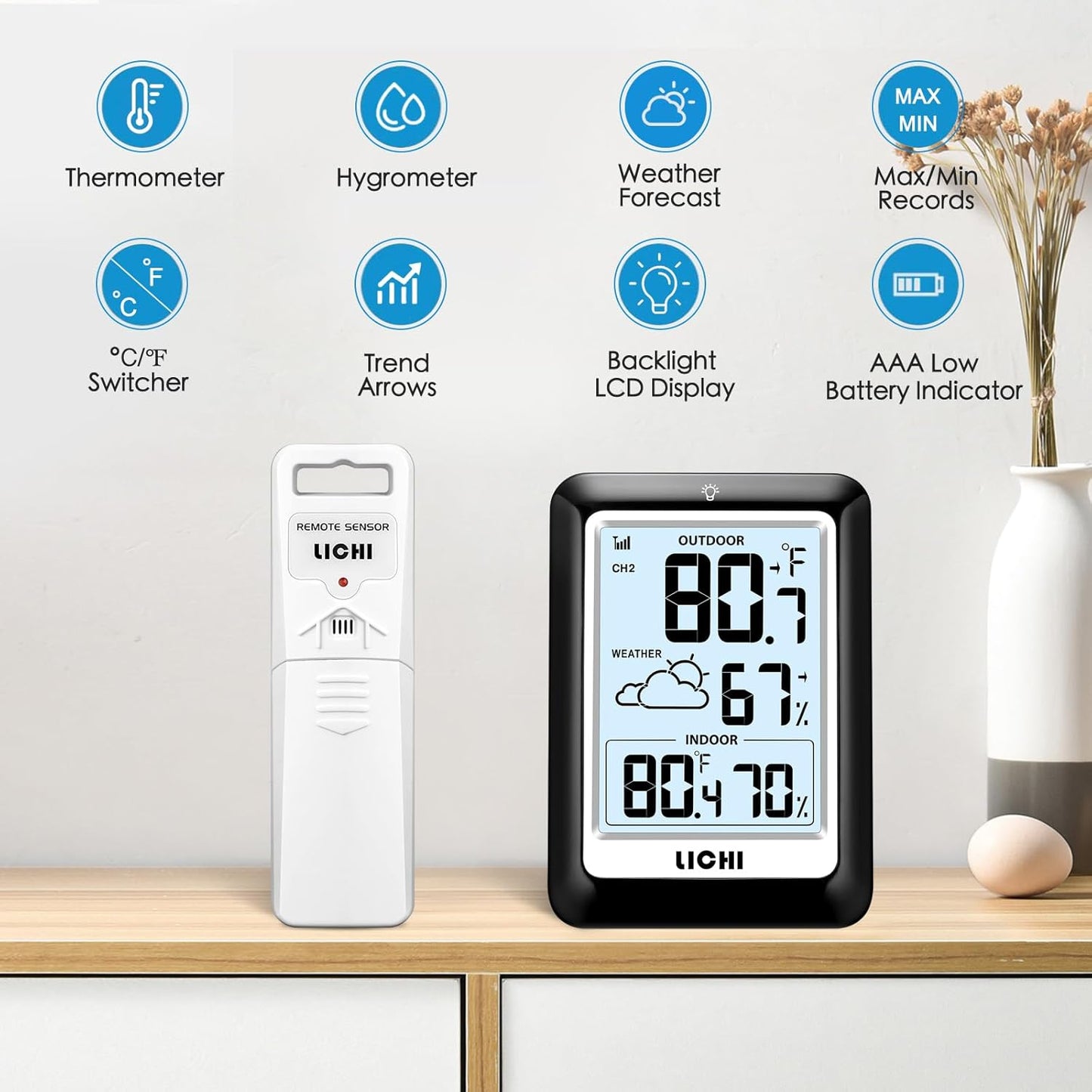 Indoor Outdoor Thermometer Wireless Weather Station, Internal External Thermometer Hygrometer, Home Batteryoperated Temperature Humiditymonitors330 Feet (About 100 Meters) Backlight Display