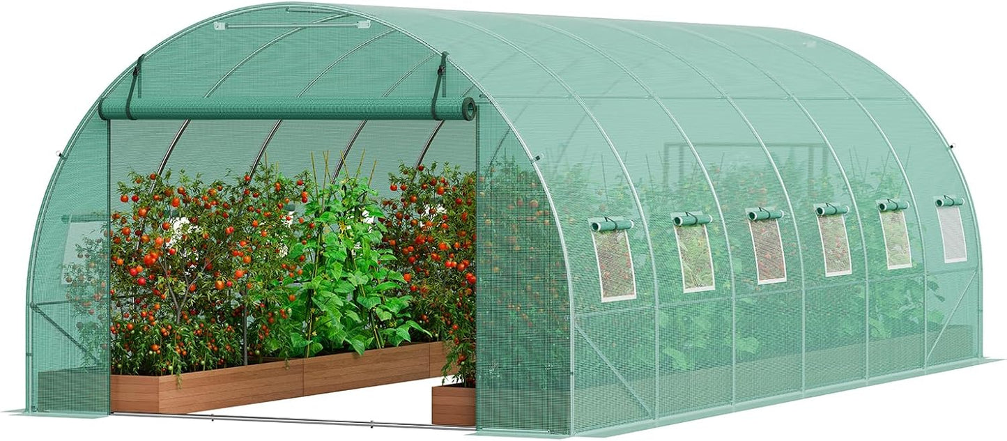 VEVOR Walk-in Tunnel Greenhouse, 19.4x9.7x6.5 ft Hoop House Greenhouse Tunnel, Plant Hot House with Galvanized Steel Frame, Green PE Cover, Roll-up Zipper Door and 12 Windows for Outdoor