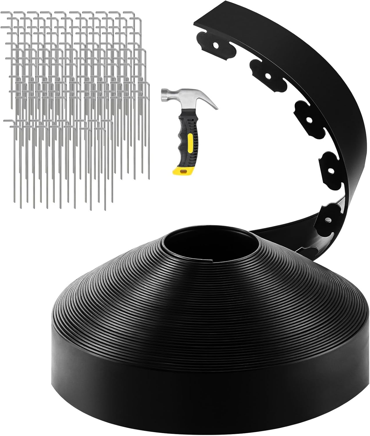 GROWNEER 150FT Landscape Edging Flexible 4 inch Tall Garden Border with 130pcs Galvanized Steel Anchoring Spikes and Hammer Lawn Edging Kit for Flower Bed, Pathway, Landscaping Project, Black