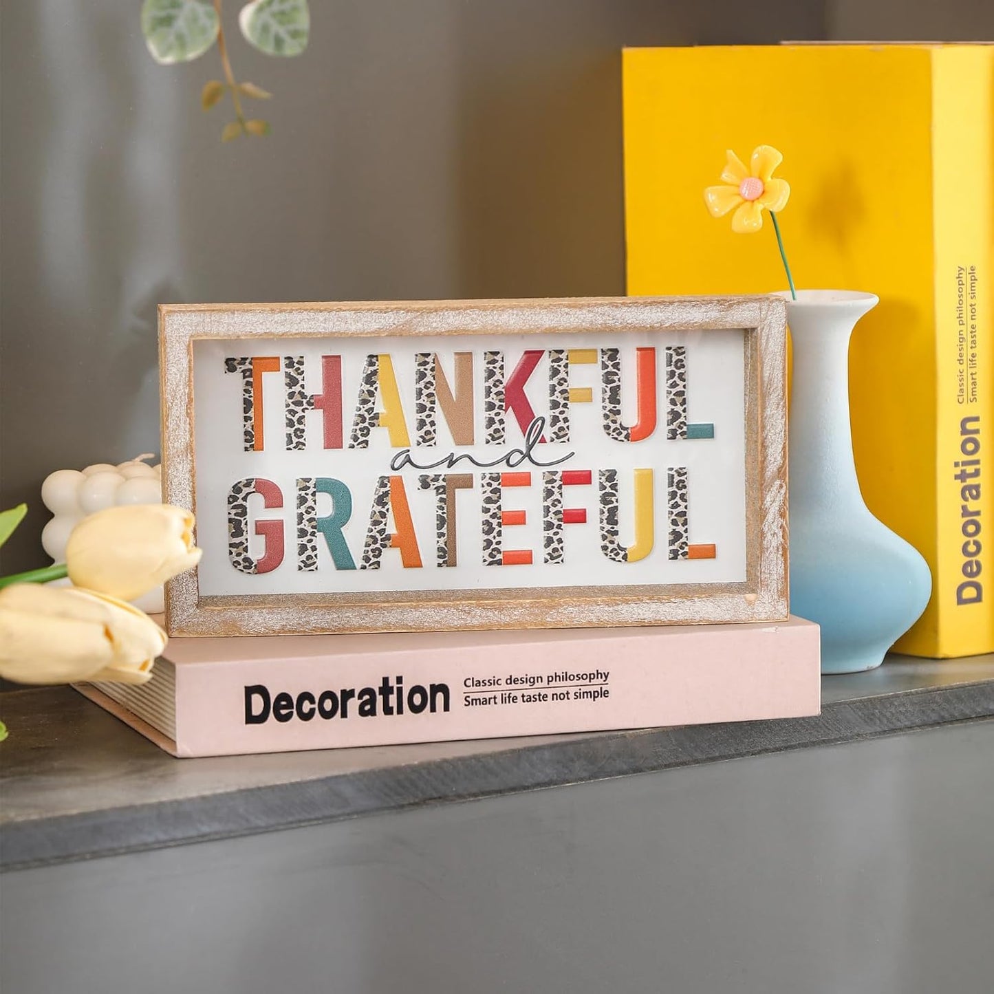 Embossed Thankful and Grateful Sign, Thanksgiving Decorations for Table Cubicle Desk Mantel Fireplace, Vintage Thanksgiving Home Decor Leopard Print Wooden Sign