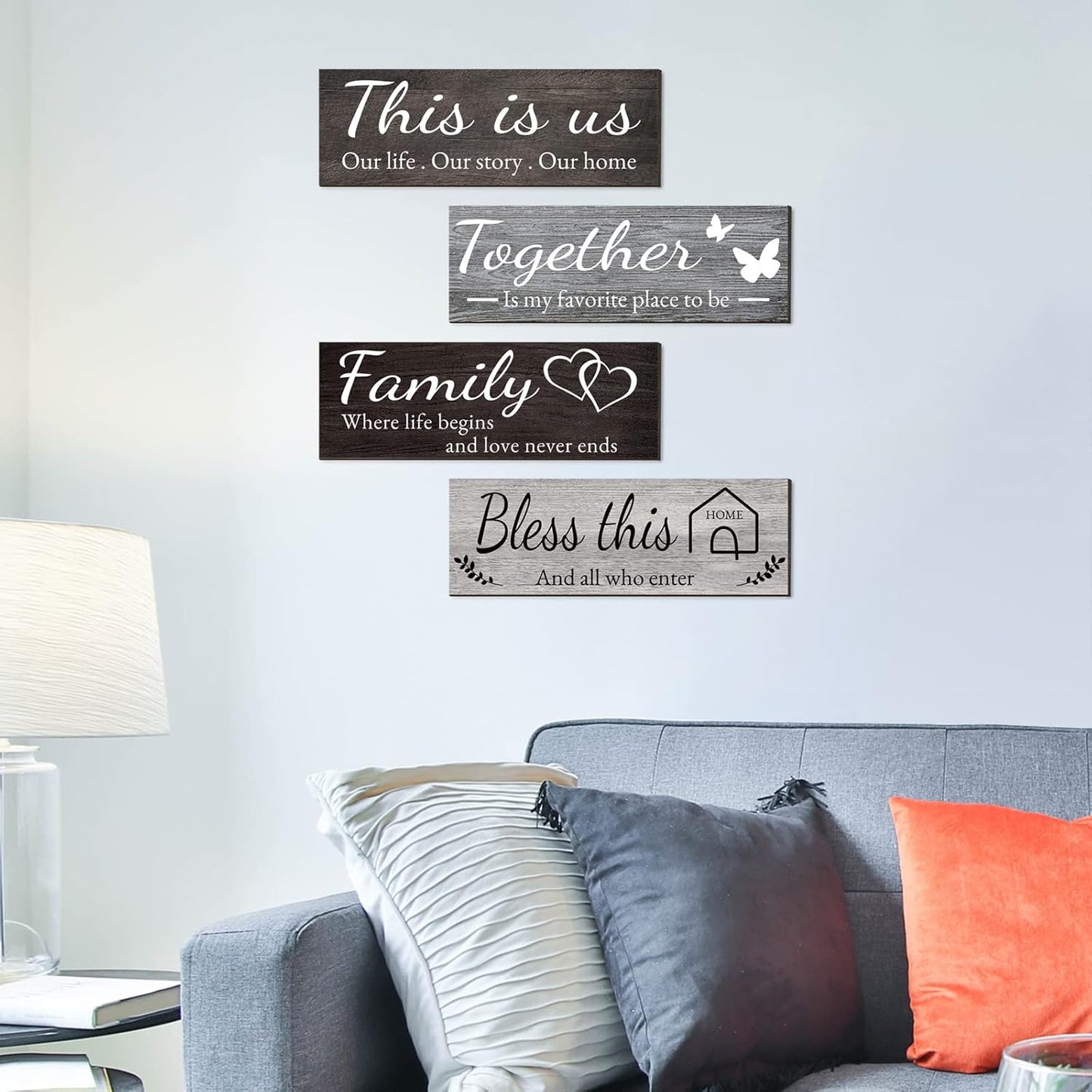 Joyhawk 4 Pieces Home Wall Decor Signs, THIS IS US/TOGETHER/BLESS THIS HOME/FAMILY Wall Decor For Living Room Bedroom, Rustic Wooden Farmhouse Wall Art Decor, 4.7 x 13.8 Inch(Mixed Color)