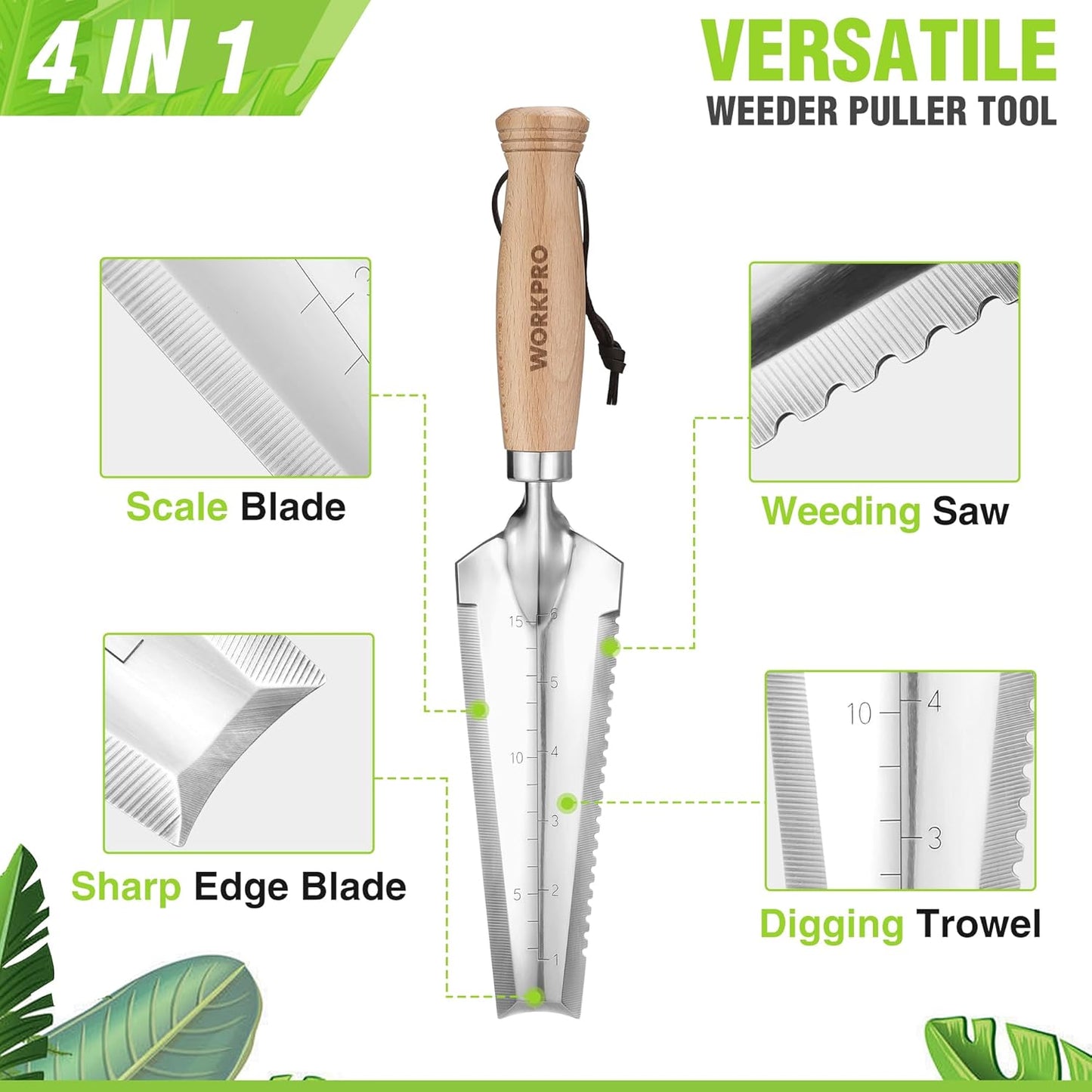 WORKPRO Garden Trowel with Wood Handle, Stainless Steel Narrow Hand Shovel, Multi- Use Flat Garden Trowel for Planting, Weeding, Transplanting, Digging, Small Weeding Knife for Gardening