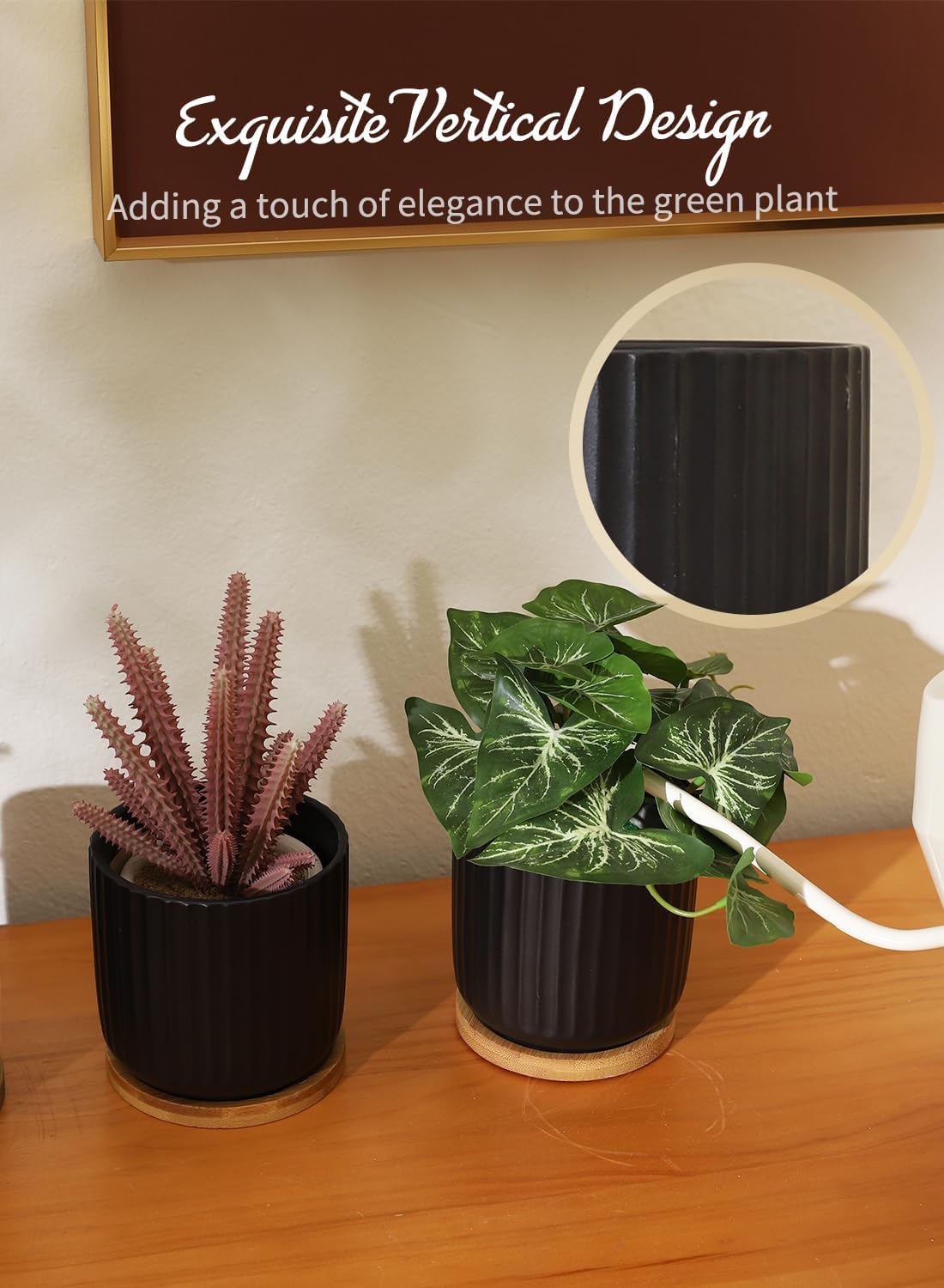 TAMAYKIM 4 Inch Small Cylinder Ceramic Plant Pots with Drainage Holes, Modern Indoor Planters with Tray for Aloe, Succulent, Snake Plants, Cactus & Herbs, Black, Set of 4