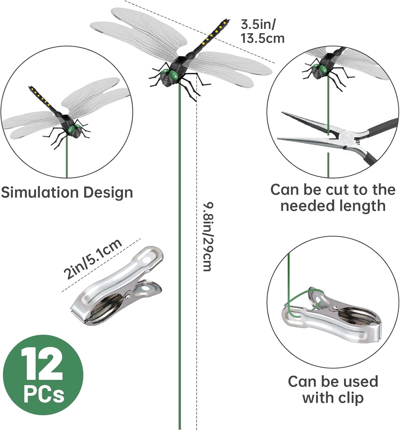NiHome 12-Pack Large Dragonfly Clip Decoration Set for Garden, Hat, Pet, Indoor & Outdoor Display, Easy Installation Realistic Waterproof PVC Dragonflies (Black)