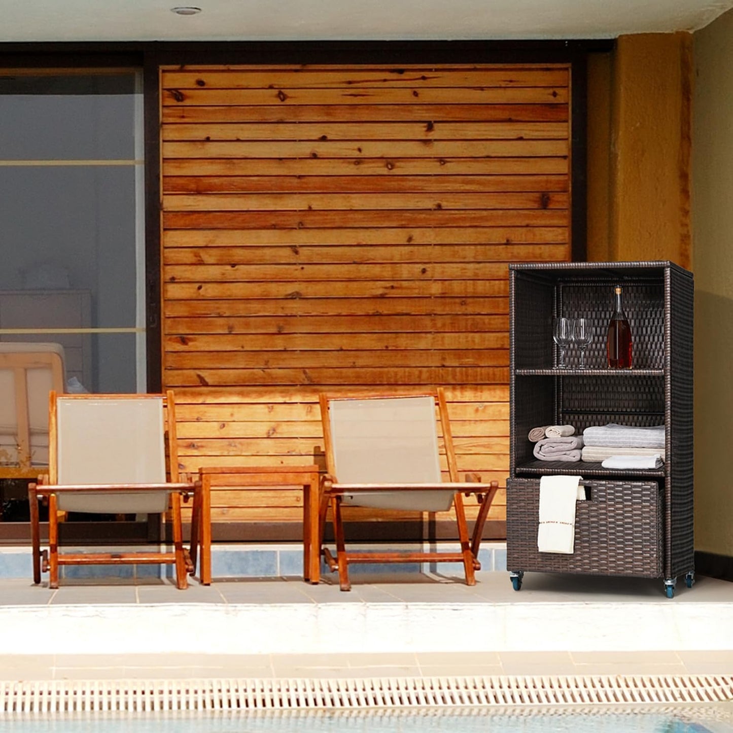 Outdoor Pool Towel Storage Cabinet Organizer Towel Valet Rack with Storage Shelves & Drawer Patio Wicker Pool Towel Holder with Rolling Wheels Poolside Caddy w/Cover for Hot Tub Spa Brown