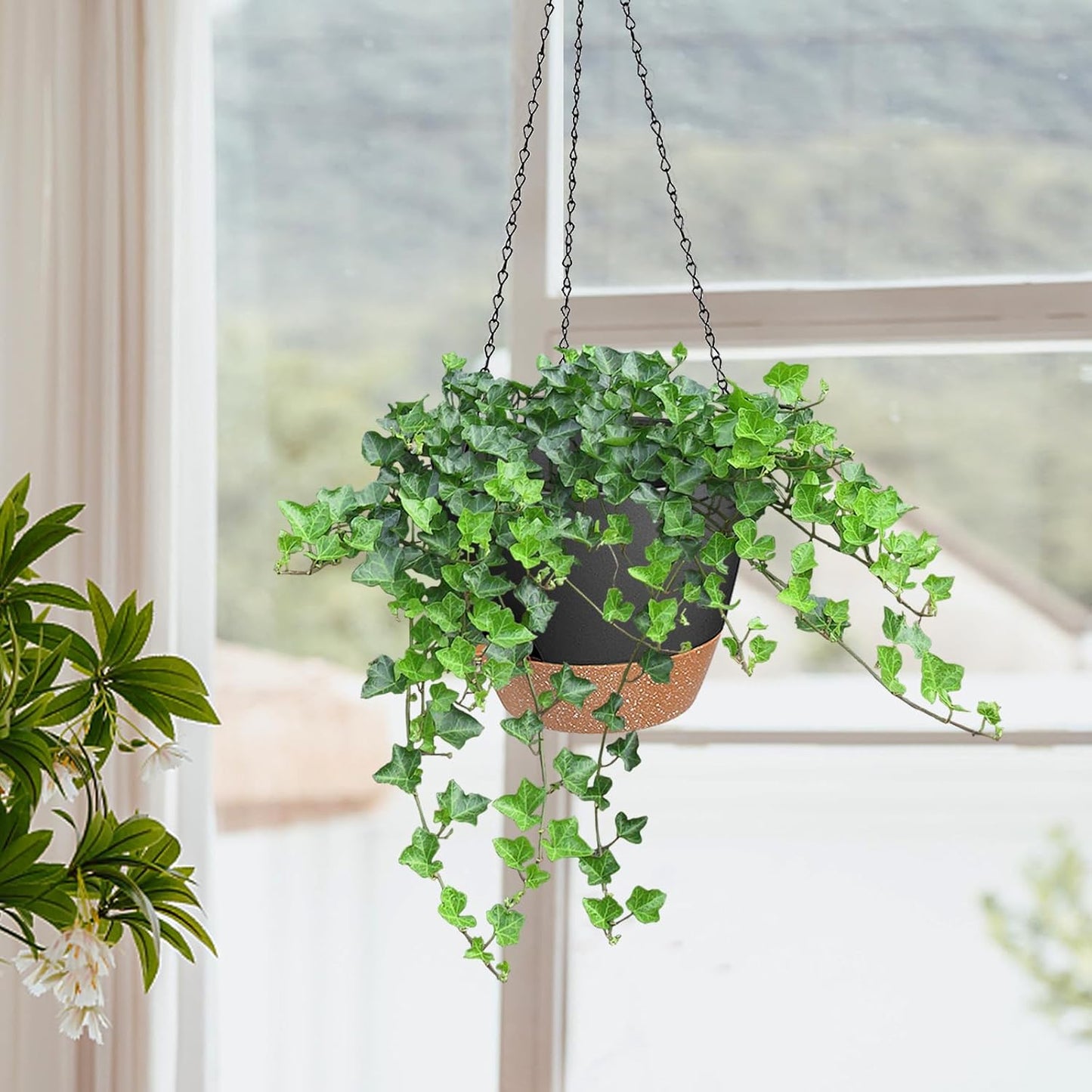 10/9/8 Inch Hanging Planter for Indoor Outdoor Plants, 3 Pack Self-Watering Hanging Pot with Drainage Holes Hanging Planter Baskets Plant Pots with Removable Tray (Black+Brown)