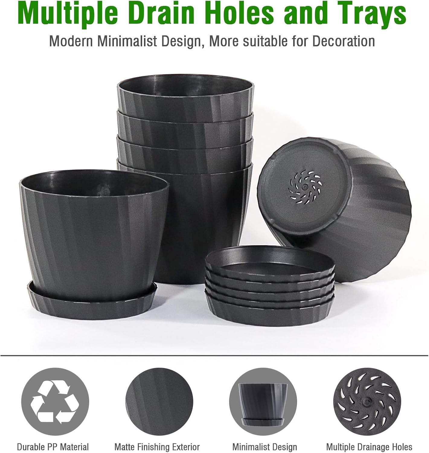6 Inch Plant Pots Bulk, 6 Pack Plastic Planters with Drainage Holes and Saucers for Indoor Outdoor House Plants and Flowers, Black