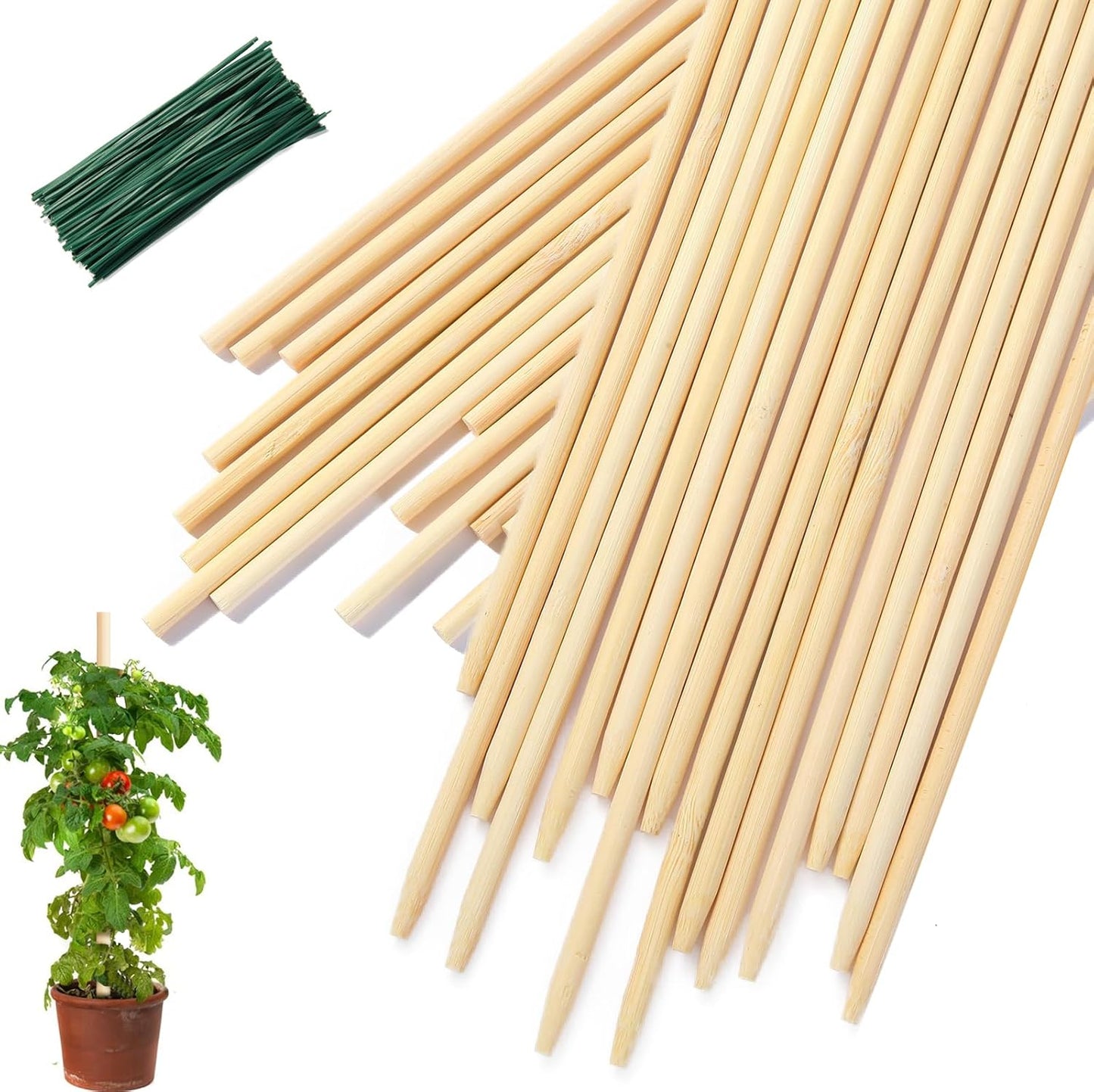 120 PCS Bamboo Plant Stakes 18 Inch, Wood Plant Support for Gardening for Potted Floral Plant, Indoor Wooden Sign Posting Garden Stick, Crafts Sticks with 120 PCS Wires(4")