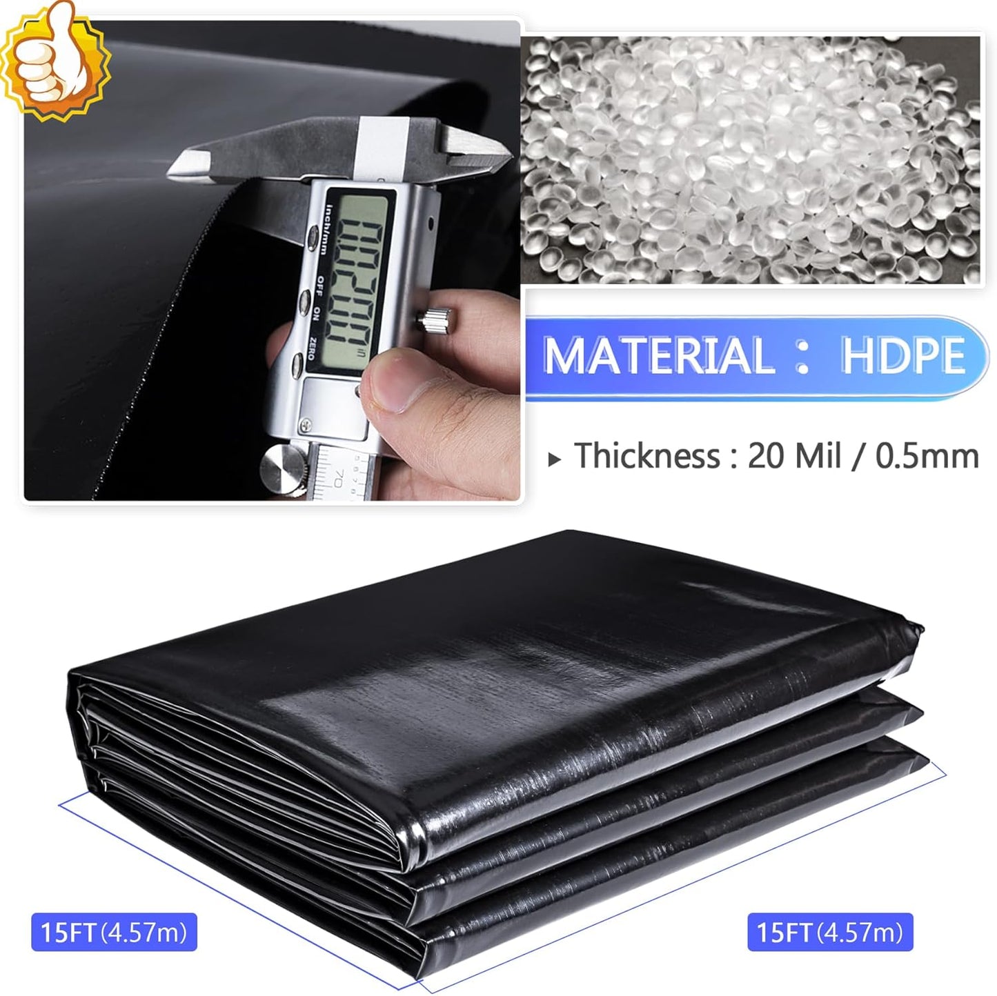 ToLanbbt Pond Liner 15 FT x 15 FT HDPE Pond Liners, 20 Mil UV Resistant Preformed Pond Liner Easy Cutting, Pond Liner for Natural Looking Ponds, Waterfall, Koi Pondsand Water Garden (Black)