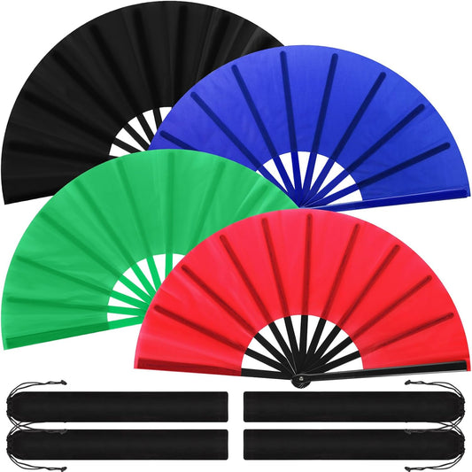 Blulu 4 Pcs 13 Inch Large Folding Hand Fans for Line Dancing Big Clapping Popping Raves Fans Bulk for Dancing Boots on The Ground Festival Party Decoration(Classic Style, Red, Black, Blue, Green)