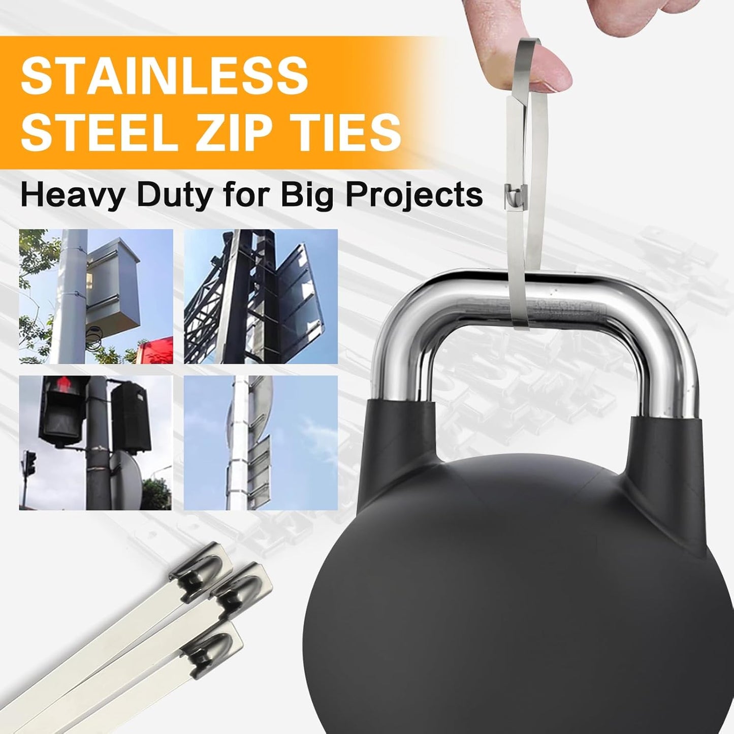 Metal Zip Ties 11.8 inch 100pcs 304 Stainless Steel Zip Ties Heavy Duty Multi Purpose Self Locking Cable Ties for Outdoor, Fence, Garden, Farm Automotive Applications Like Exhaust Packaging etc