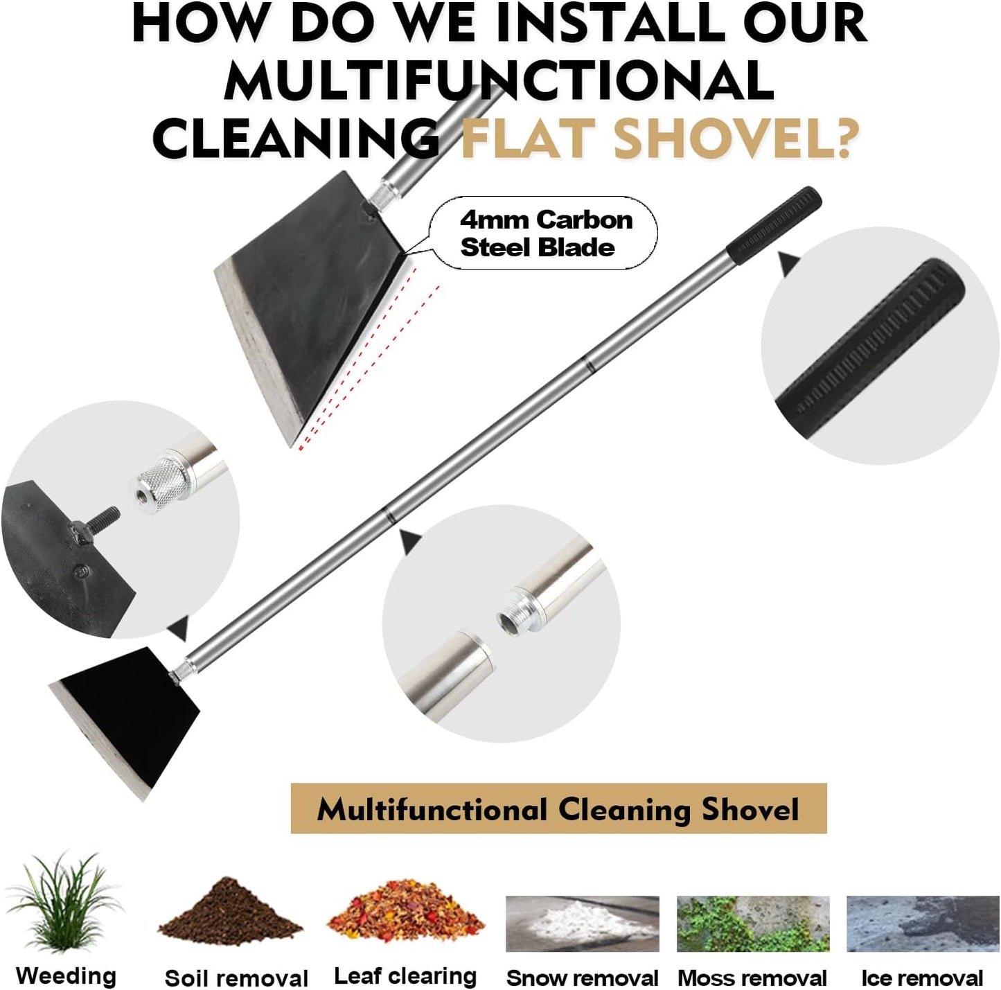 Garden Shovel, Floor Cleaning Scraper Tool, Snow Shovel Ice Scraper, 47 inch Weed Removal Tool with 3 Sections Long Handle for Moss,Sidewalks, Driveway Yard Working - Heavy Duty