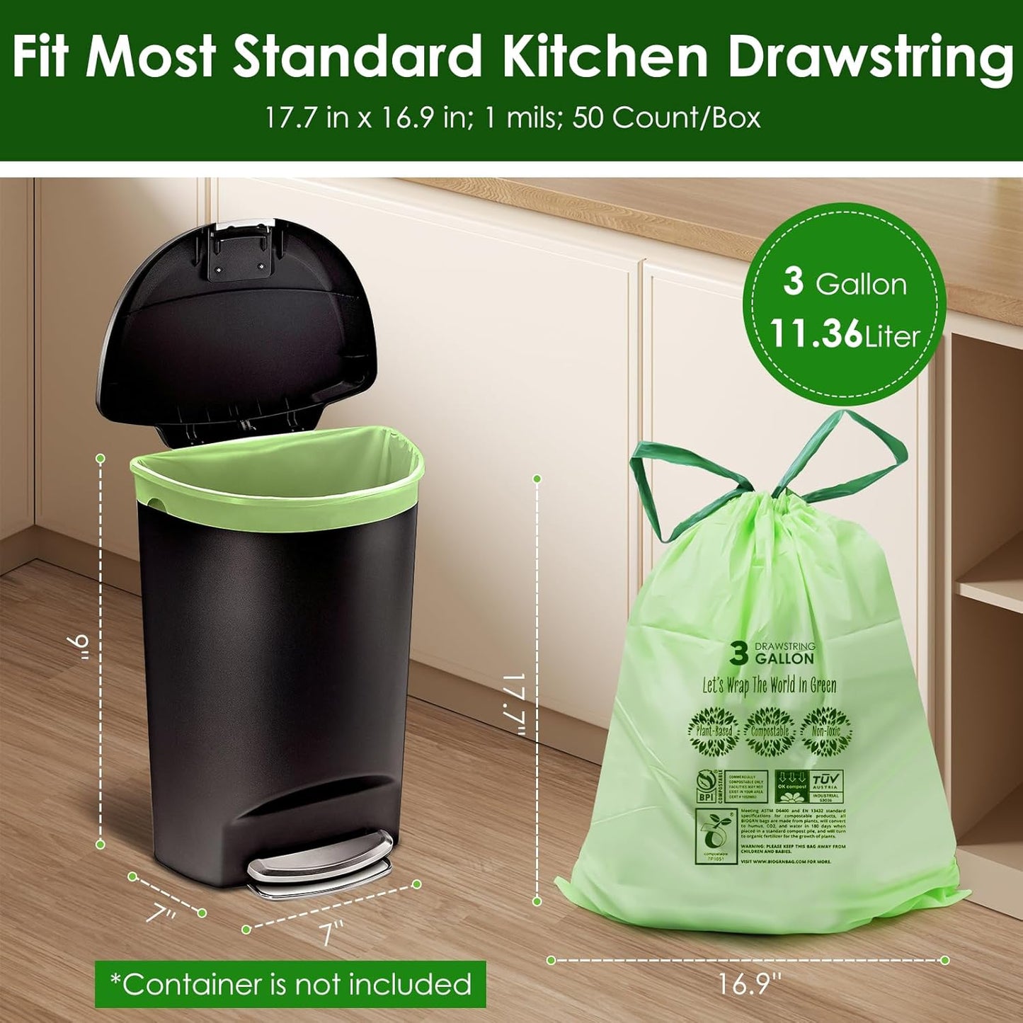 3 Gallon Compostable Trash Bags with Drawstring, Heavy Duty Extra Thick 1 Mil, 11.36 Liter, 50 Bags, Small Kitchen Food Scrap Waste Bag, US BPI and OK Compost Home Certified(3 Gallon 50 Count)