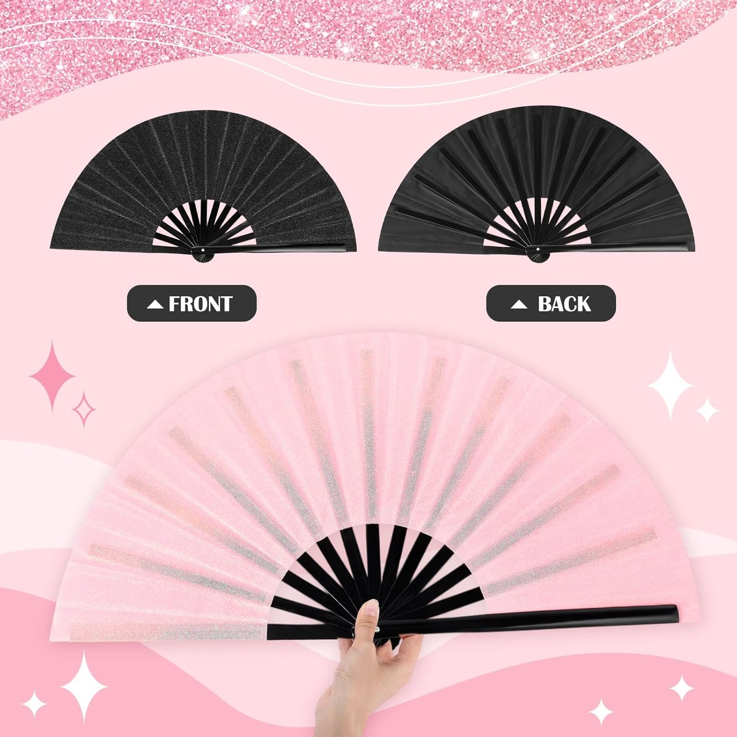 Maitys 2 Packs Large Clap Fans for Line Dancing Large Chinese Folding Hand Fans for Men and Women, Festival, Tai Ji, Kungfu, Martial Art, Gifts (Glitter Black and Pink)