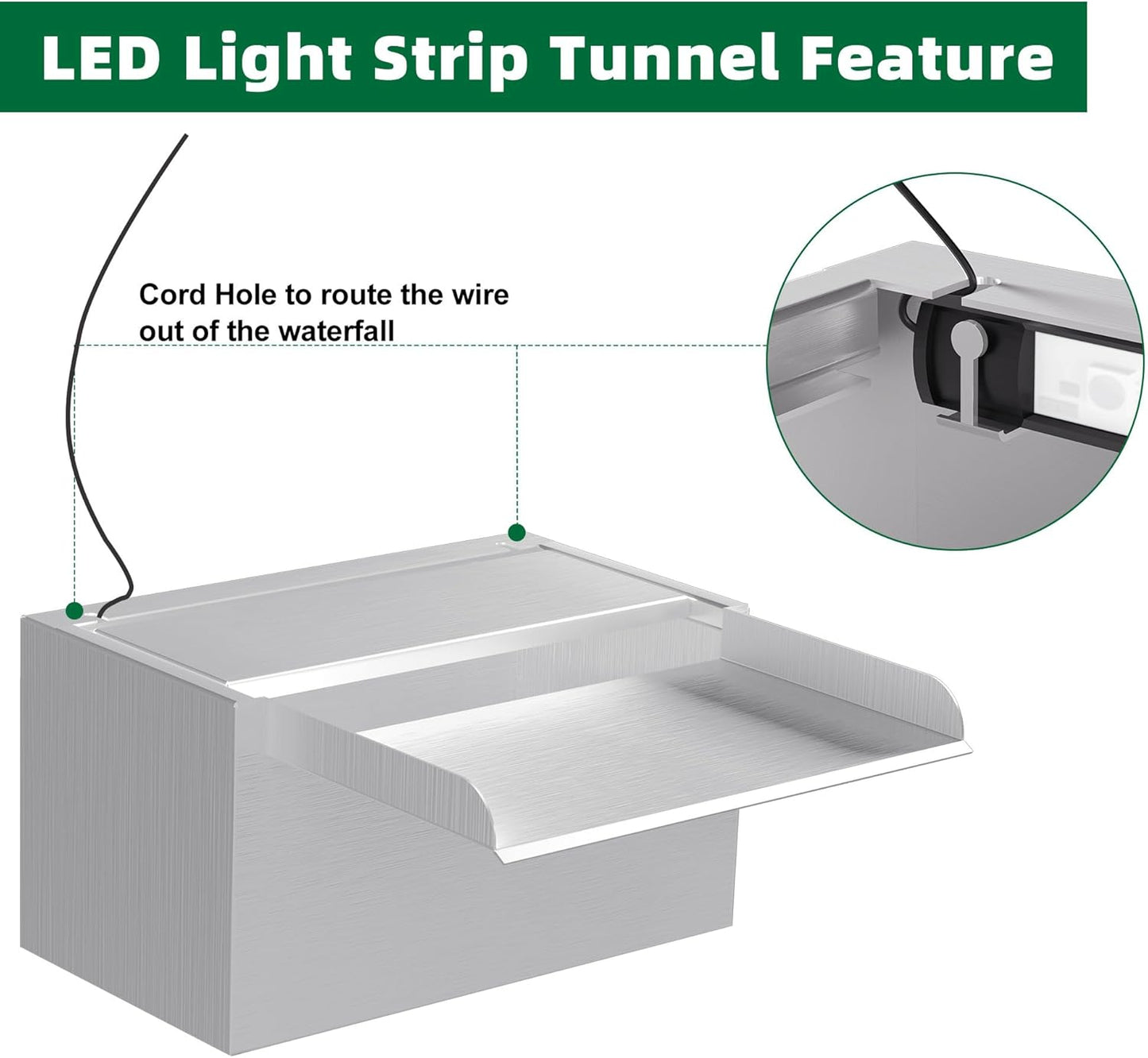 Waterfall Pool Fountain LONGRUNNEW 304 Stainless Steel 9.06" Rectangular Waterfall Spillway, Water Fall Fountain with Pipe Connector for Garden Outdoor, Swimming Pools, Fountains, Pond and Spa