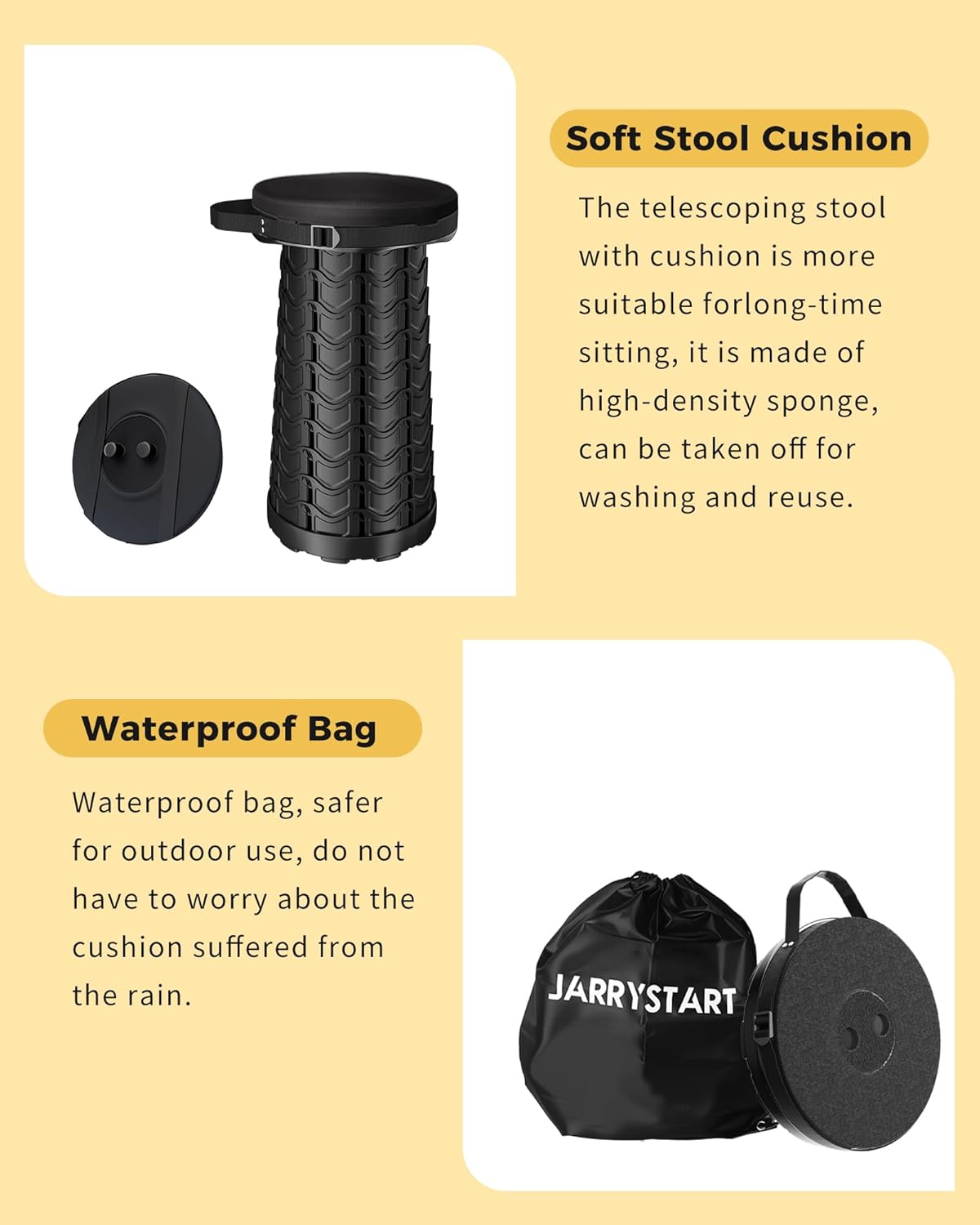 Upgraded 2PCS Collapsible Stool with Cushion & Waterproof Bag - 400lbs Heavy Duty Portable Folding Stool for Adults, Telescoping Camping Seat with Carrying Straps for Fishing Hiking Travel BBQ