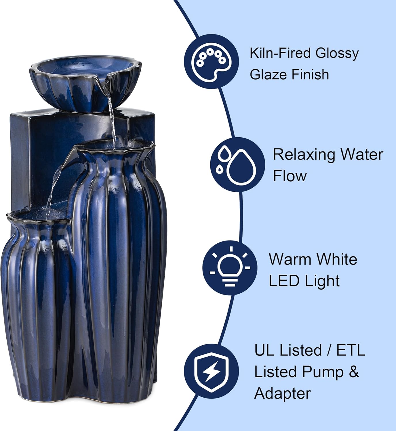 Glitzhome 26.75" H Ceramic Outdoor Water Fountain with LED Lights and Pump, Cobalt Blue Fluted Texture Cascading Waterfall Floor Standing Fountain for Porch Deck Garden Patio Backyard