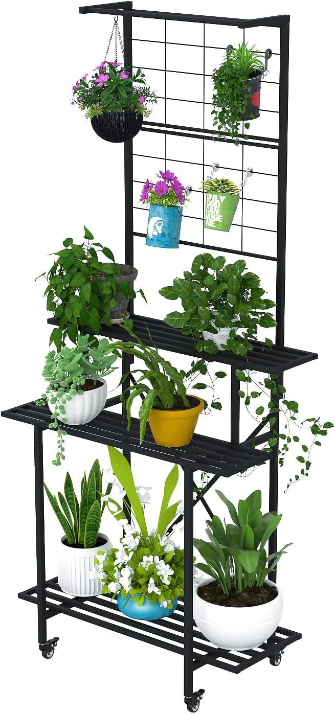 Zhongma 3 Tier Heavy Duty Plant Stand with Hanging Plant pot shelf with wheels, 35.43 L x 18.11 W x 81.1H multi layer plant Holder for Home, Garden, Plant Lovers,Metal Storage Rack Shelf/Freestanding Display Stand