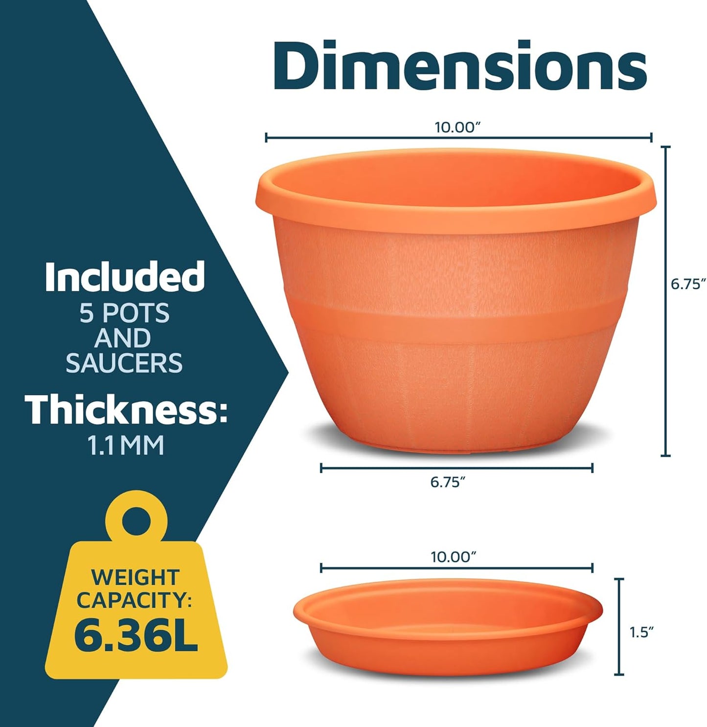 10-Inch Whiskey Barrel Planters Outdoor Pack of 5 - Durable Plastic Plant Pots for Indoor & Outdoor Use with Drainage & Saucer, Lightweight Rustic Barrel Planters for Flowers, Herbs & Small Plants