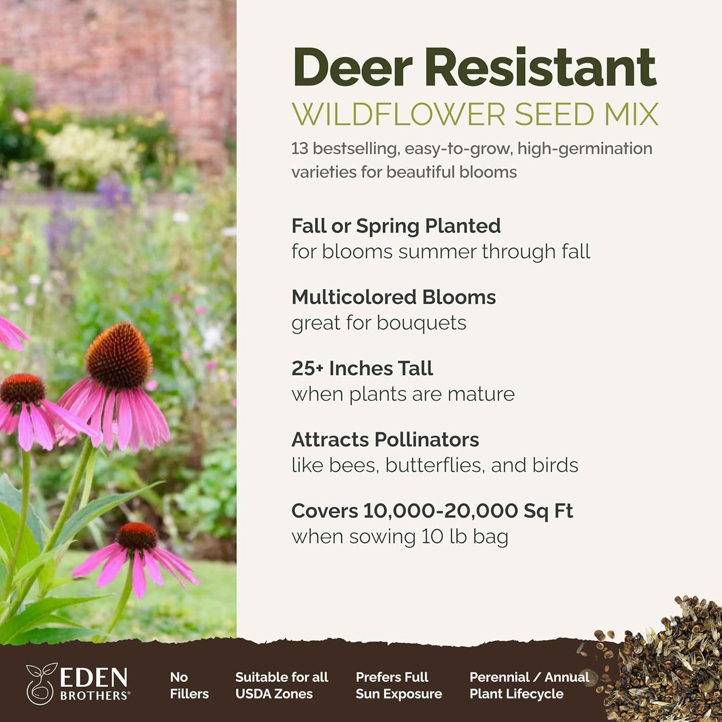 Eden Brothers Deer Resistant Wildflower Mixed Seeds for Planting, 10 lb, 4,800,000+ Seeds with Foxglove, Forget Me Not | Attracts Pollinators, Plant in Spring or Fall, Zones 3, 4, 5, 6, 7, 8, 9, 10